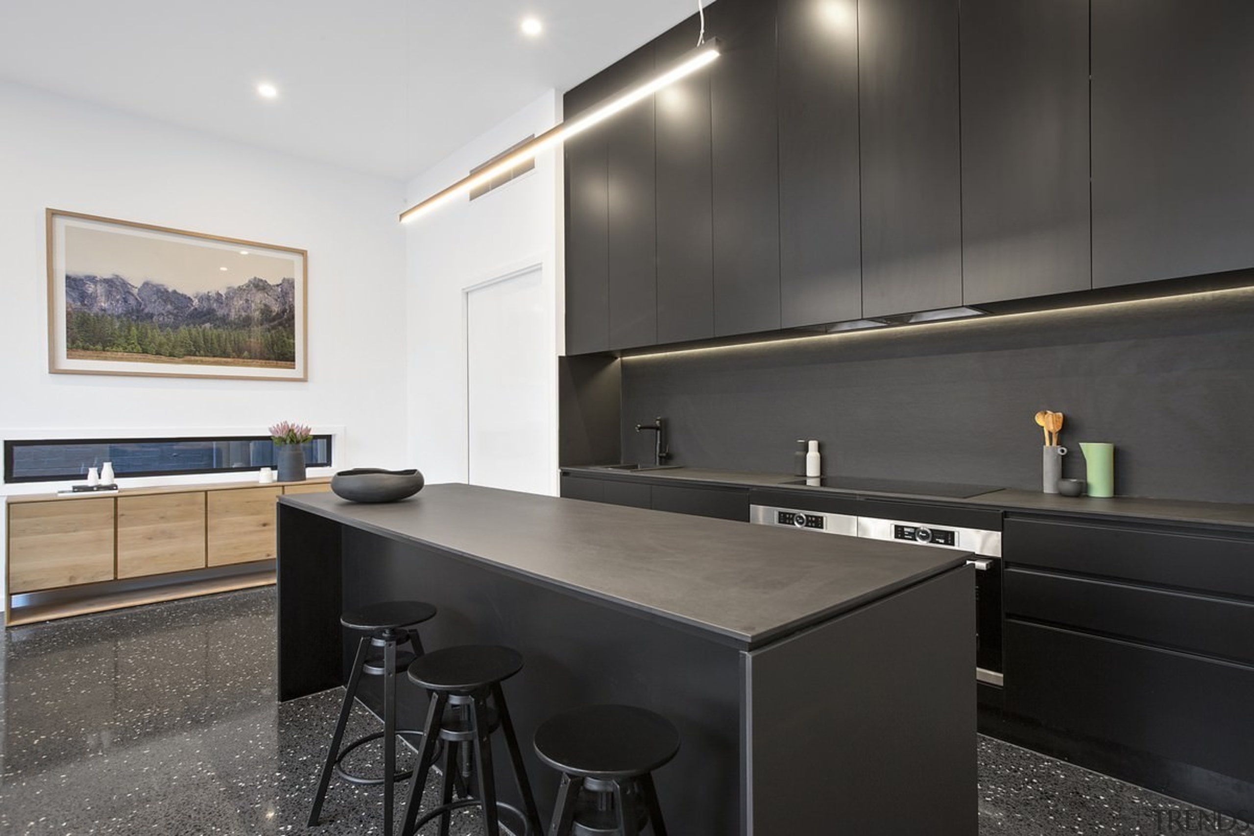 A black kitchen – cabinets and island included architecture, countertop, interior design, kitchen, real estate, black