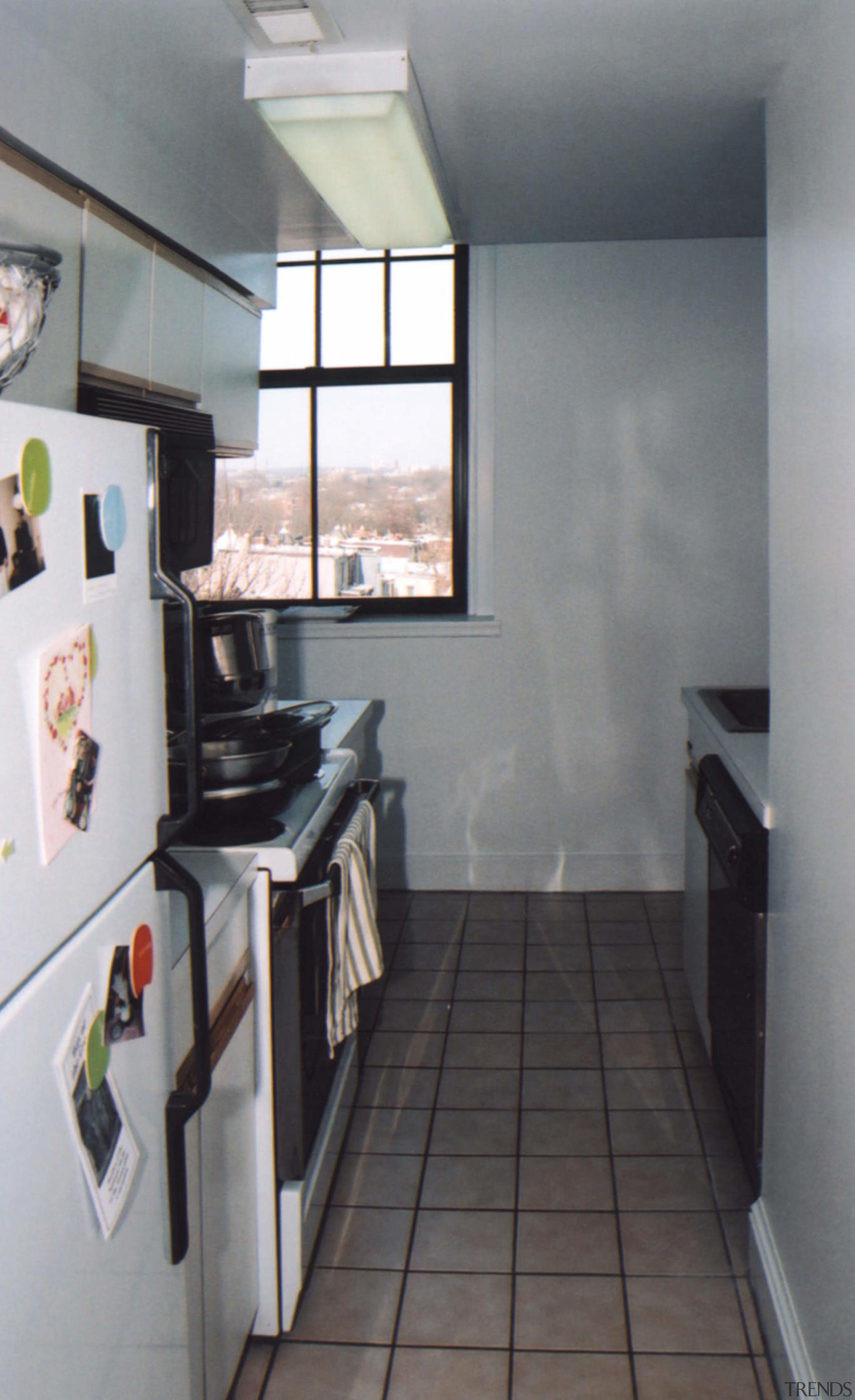view of kitchen and living area before renovations interior design, kitchen, property, real estate, room, gray
