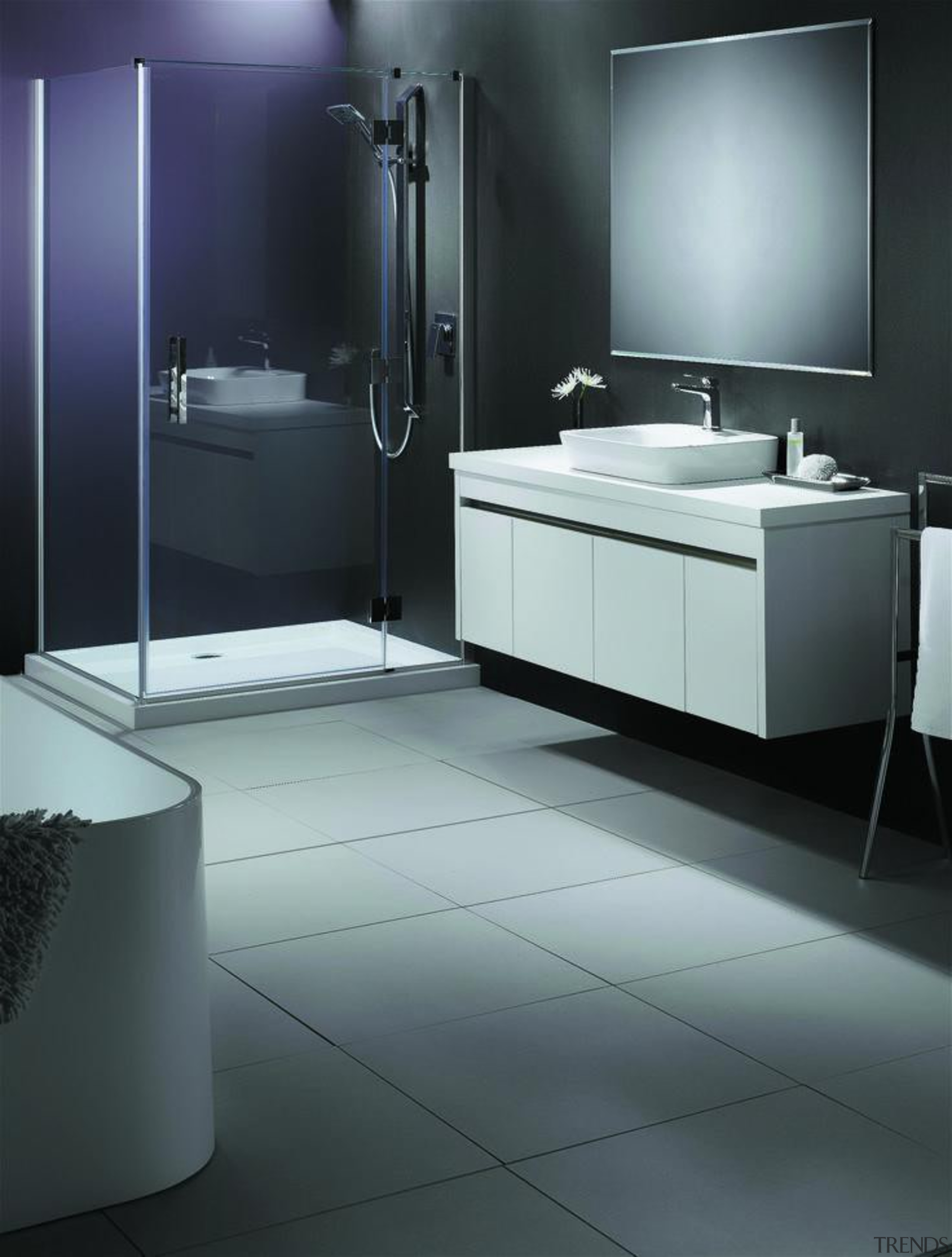 Wall featuring Laminam Collection Uva(Purple) and Naturali Basalto angle, bathroom, bathroom accessory, bathroom cabinet, floor, flooring, interior design, plumbing fixture, product design, room, sink, tap, tile, gray, black