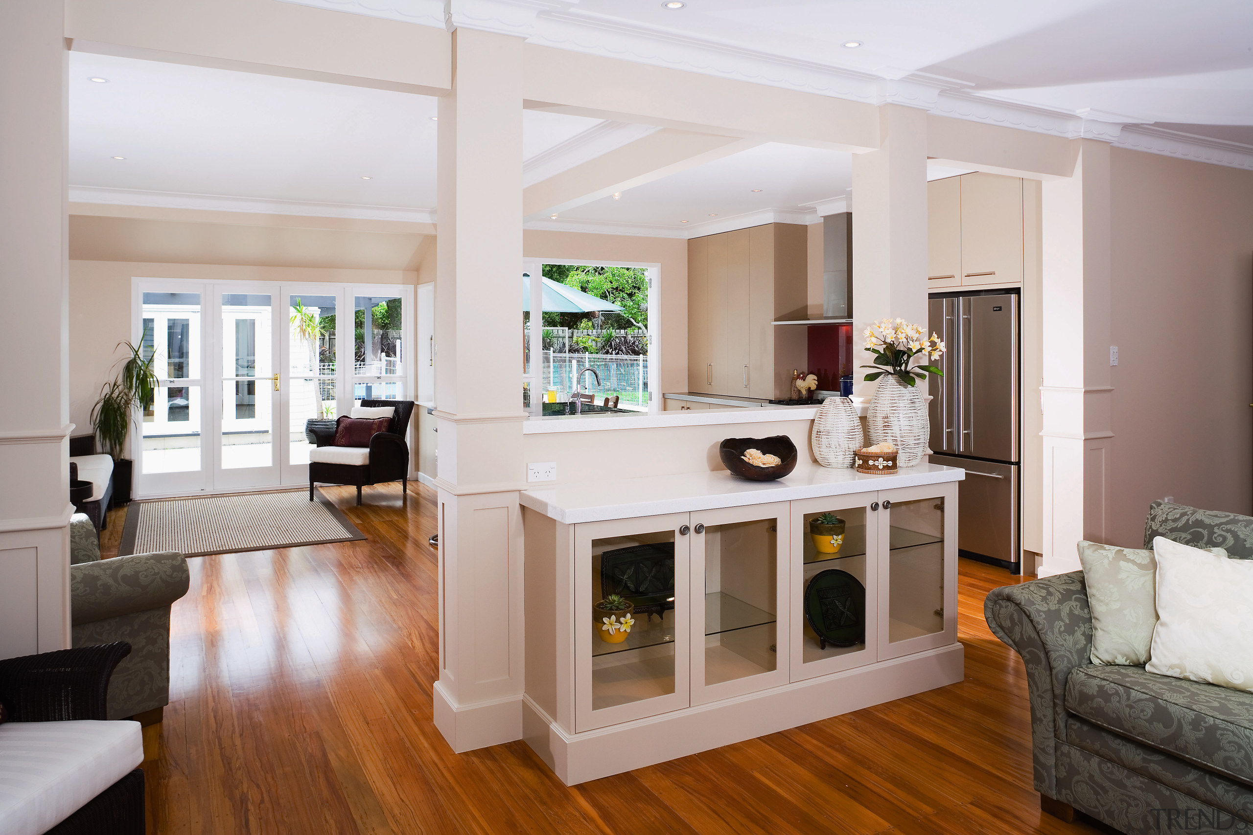 A view of the kitchen area, wooden flooring, floor, interior design, living room, real estate, room, window, gray