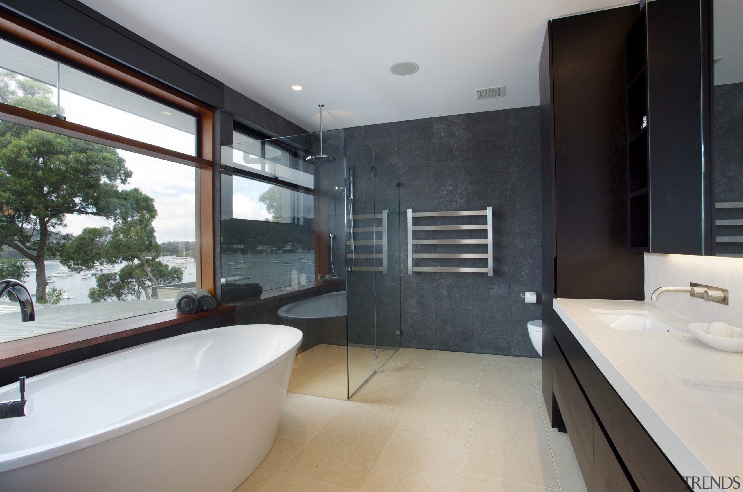 Freestanding bathtub next to a walk-in, frameless glass architecture, bathroom, estate, house, interior design, property, real estate, room, gray, black