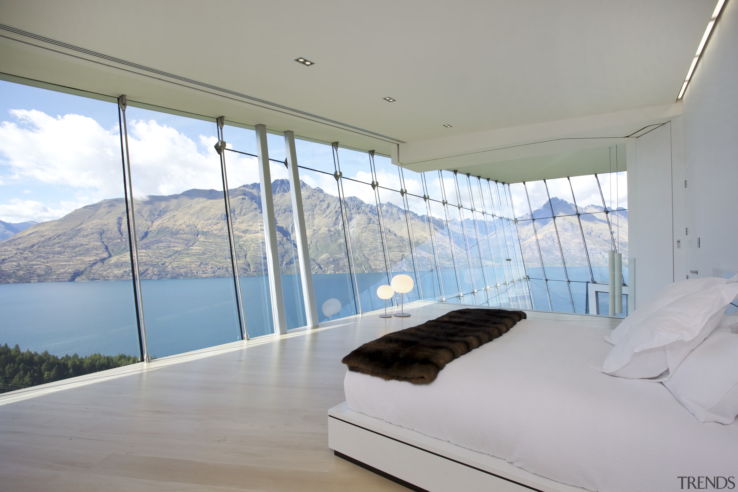 Bedrooms in this hilltop house in Queenstown are architecture, home, house, interior design, property, real estate, window, gray