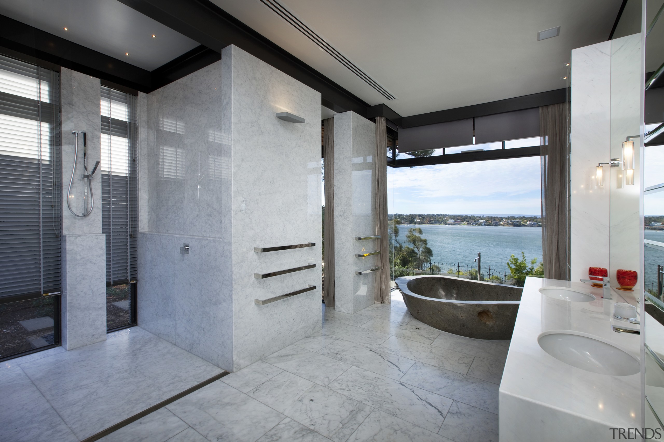 This master suite in a contemporary new house architecture, bathroom, estate, floor, interior design, real estate, room, gray