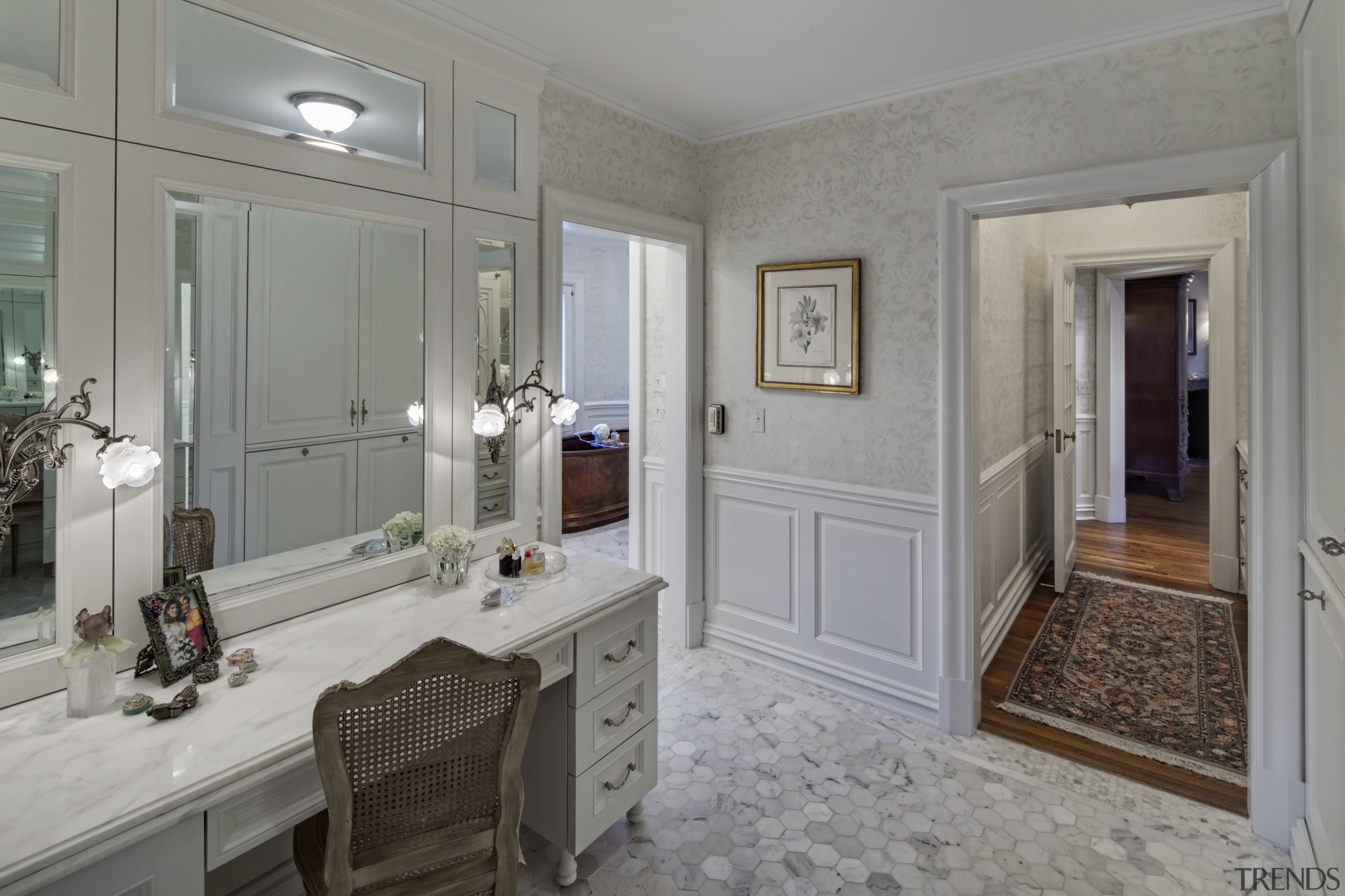 View of traditional-styled bathroom which features a personal estate, floor, flooring, home, interior design, property, real estate, room, gray