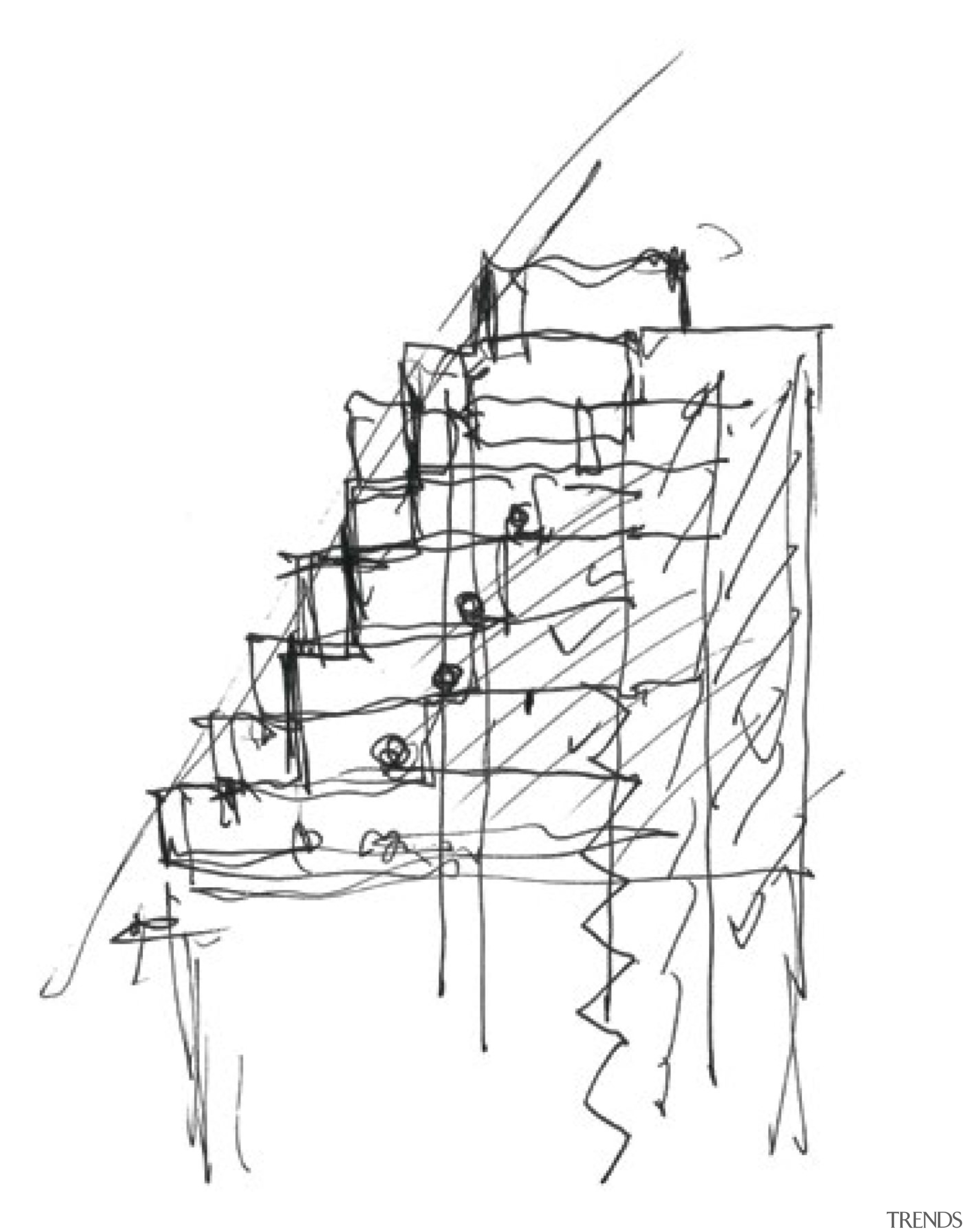 This concept sketch by architect Moshe Safdie shows angle, area, artwork, black and white, drawing, line, line art, product design, sketch, structure, white