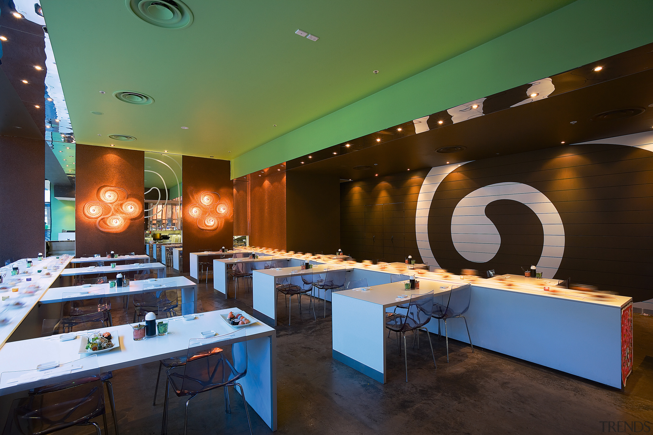 view of the interior of the sushi bar interior design, restaurant, table, black