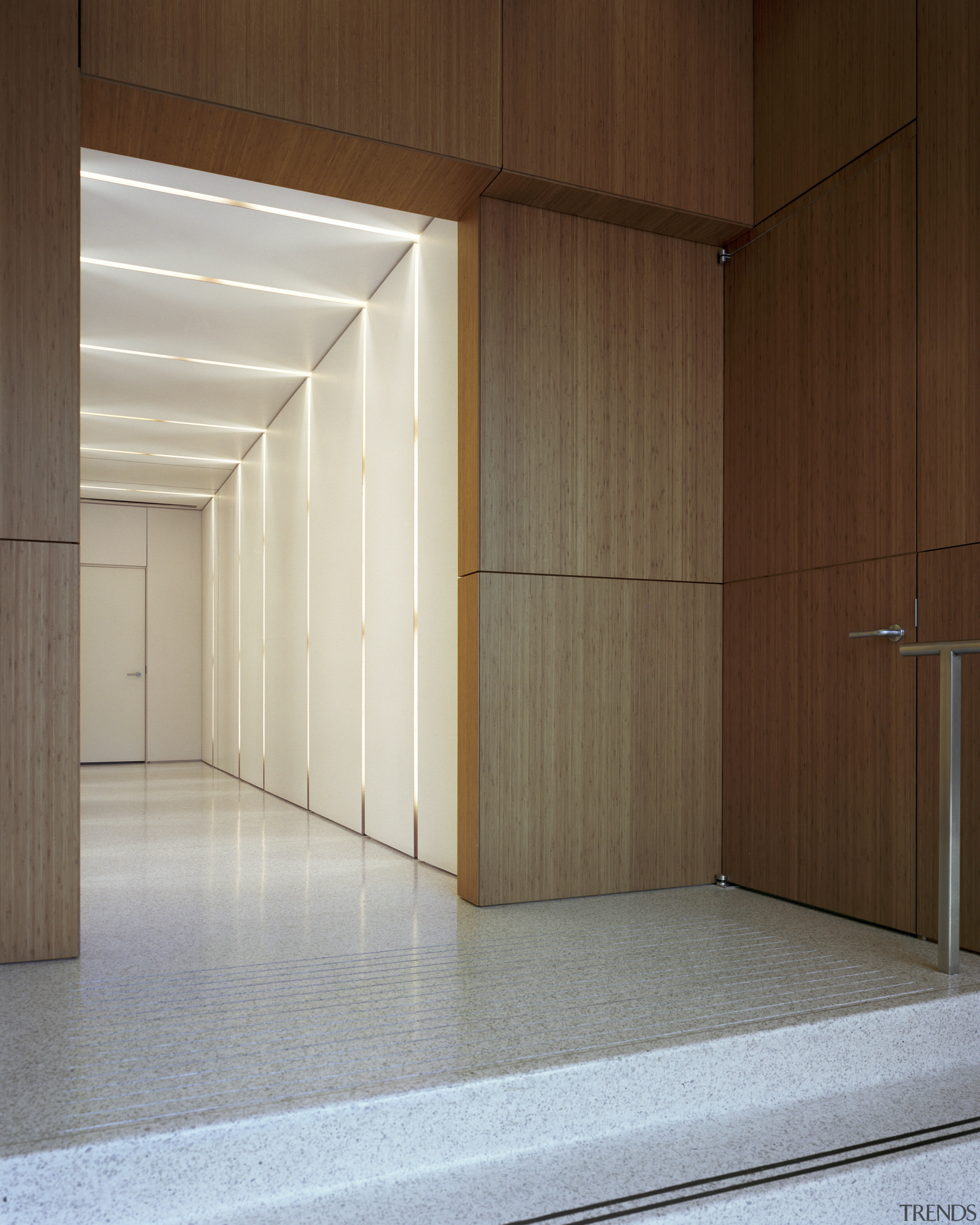 Views looking through the interior of the office. architecture, ceiling, daylighting, floor, house, interior design, wall, wood, brown, gray