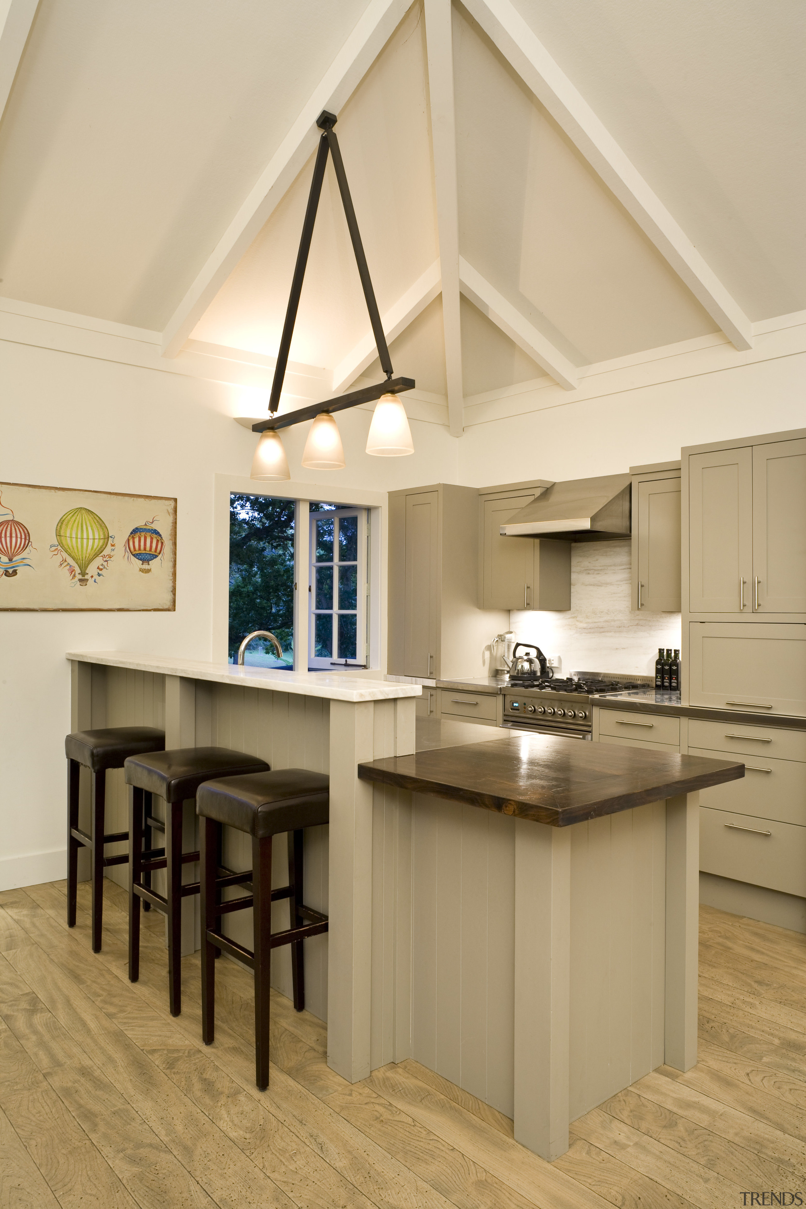 View of kitchen area, stainless steel and oak ceiling, countertop, cuisine classique, floor, interior design, kitchen, room, orange