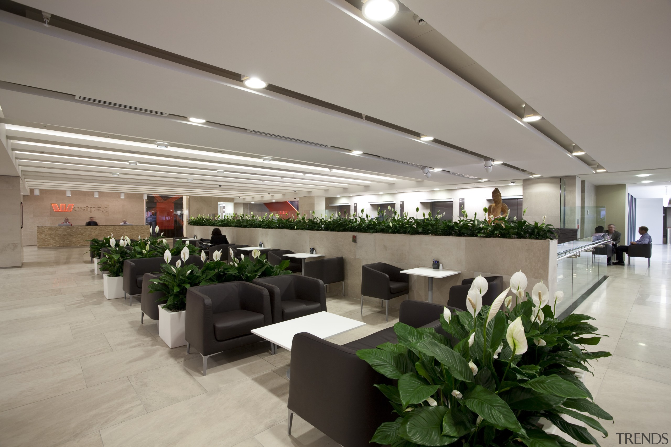 View of seating area with Inscape plants. - ceiling, interior design, lobby, office, gray