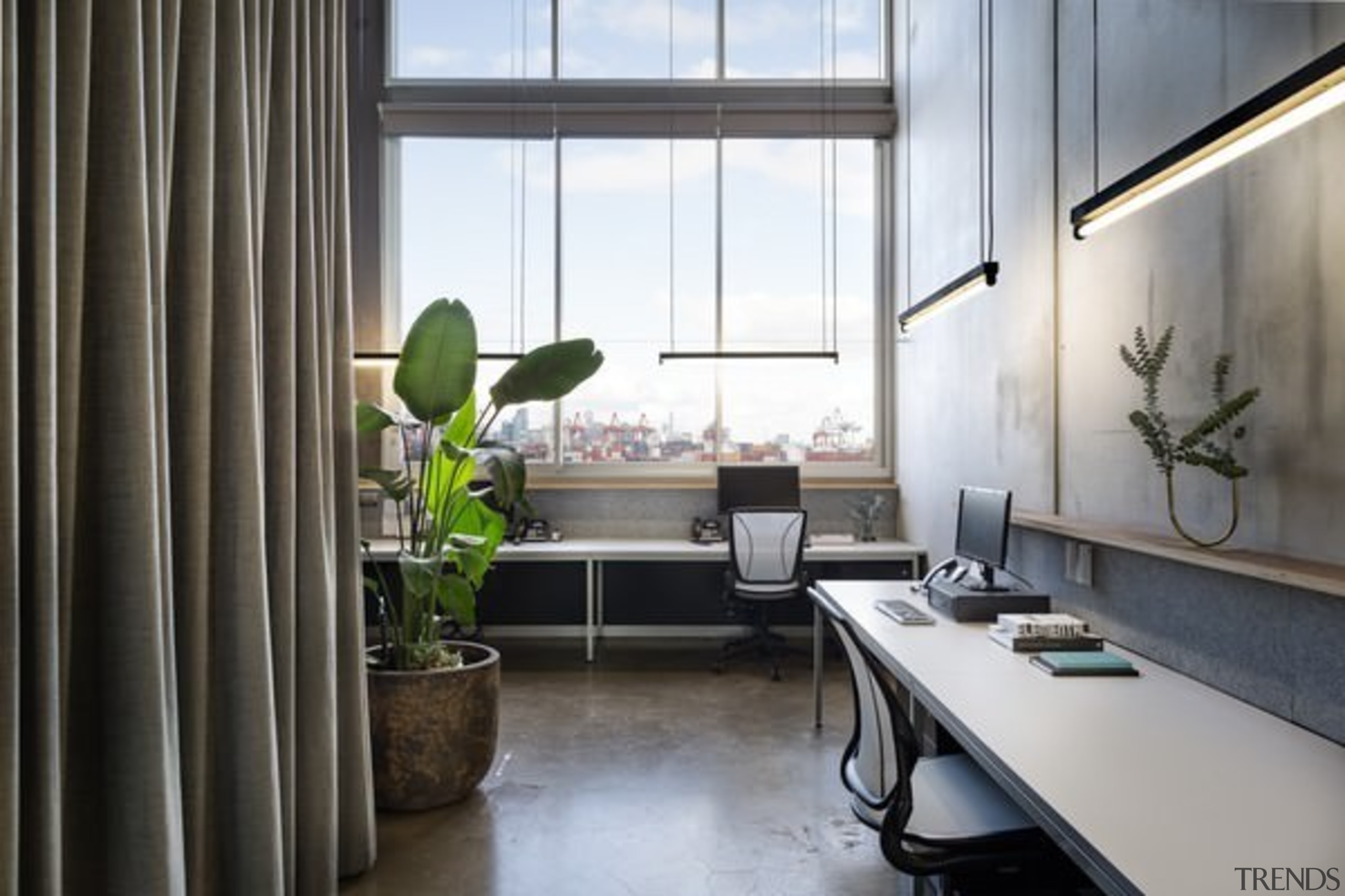 Large windows throughout this office mean no shortage architecture, home, interior design, office, window, gray, black