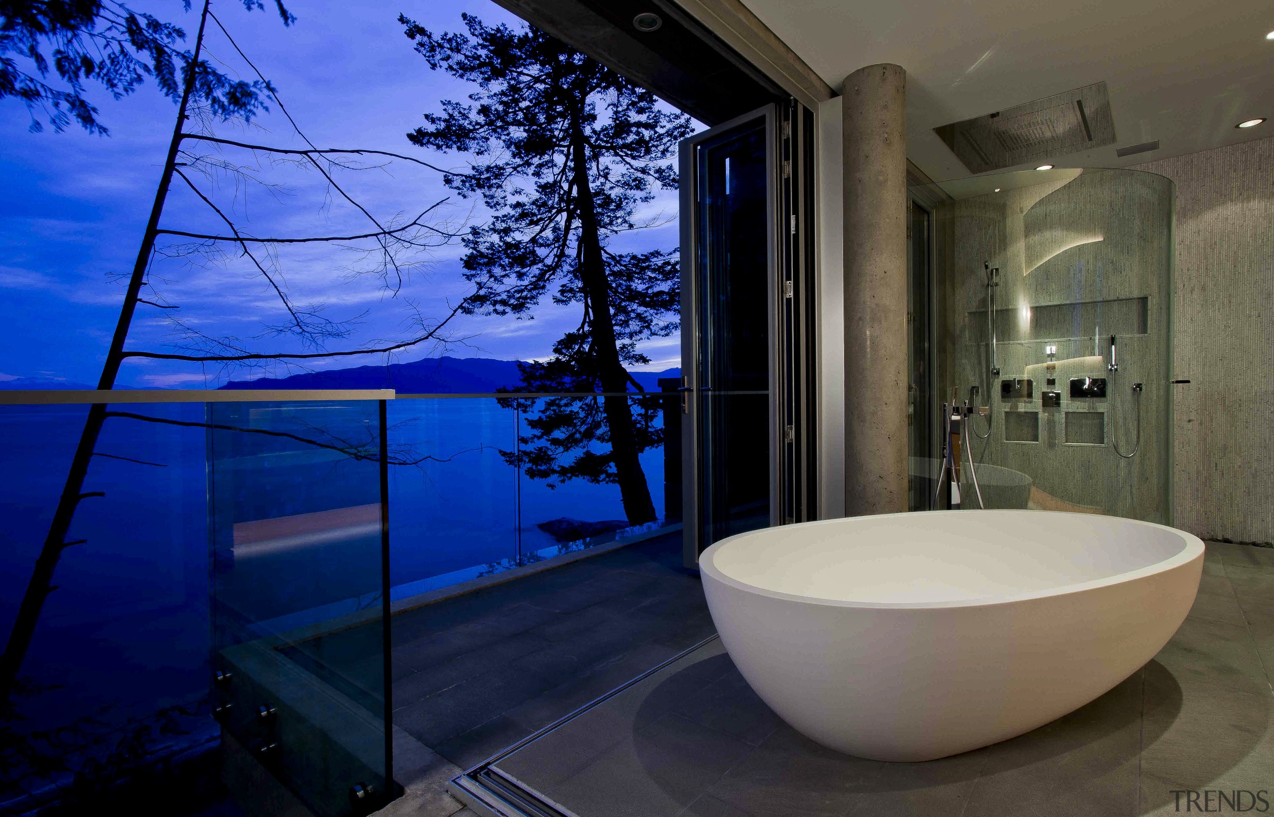 View of white tub. - View of white architecture, bathroom, estate, home, house, interior design, property, room, window, blue