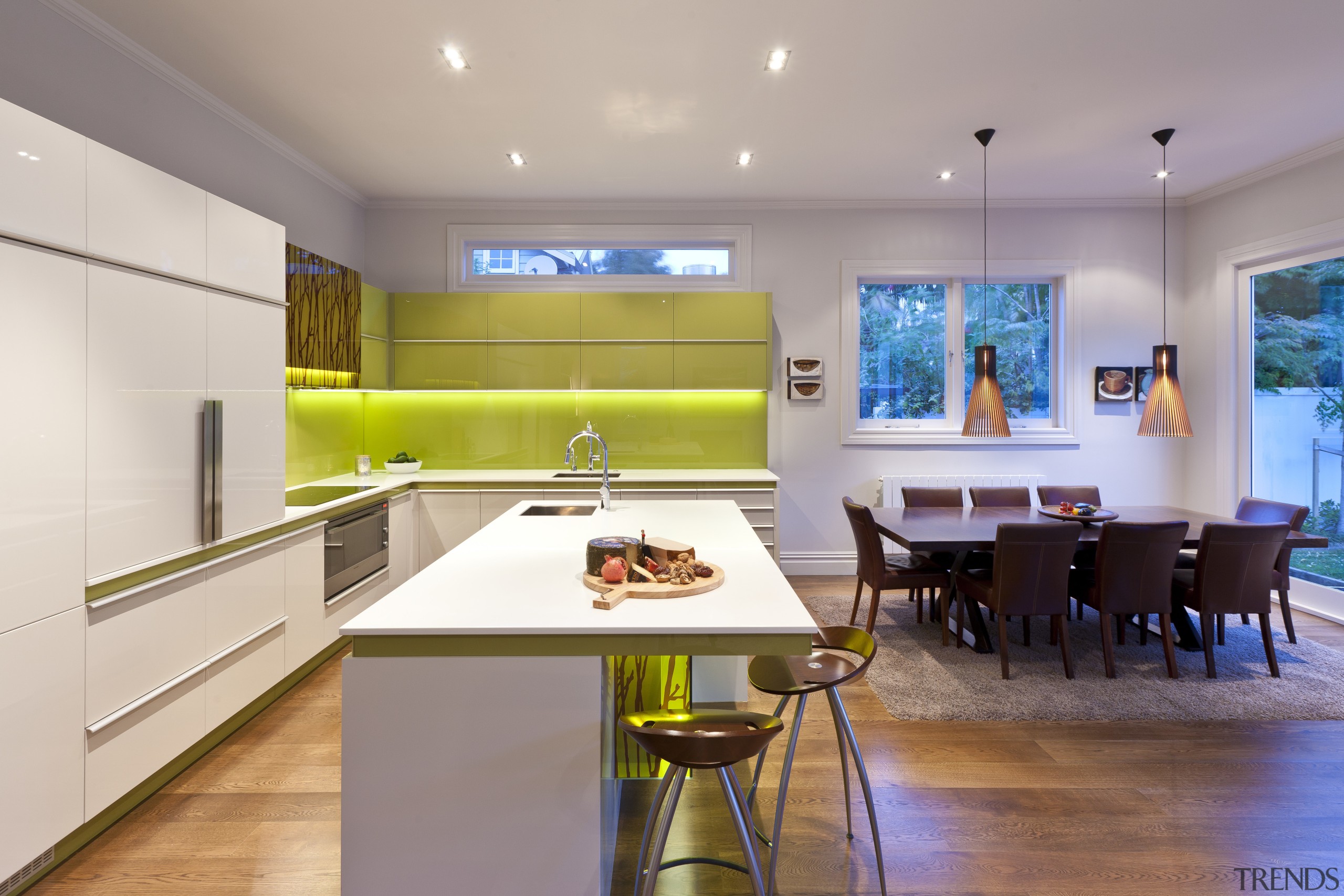 View of contemporary kitchen with wooden flooring and interior design, kitchen, real estate, room, table, gray