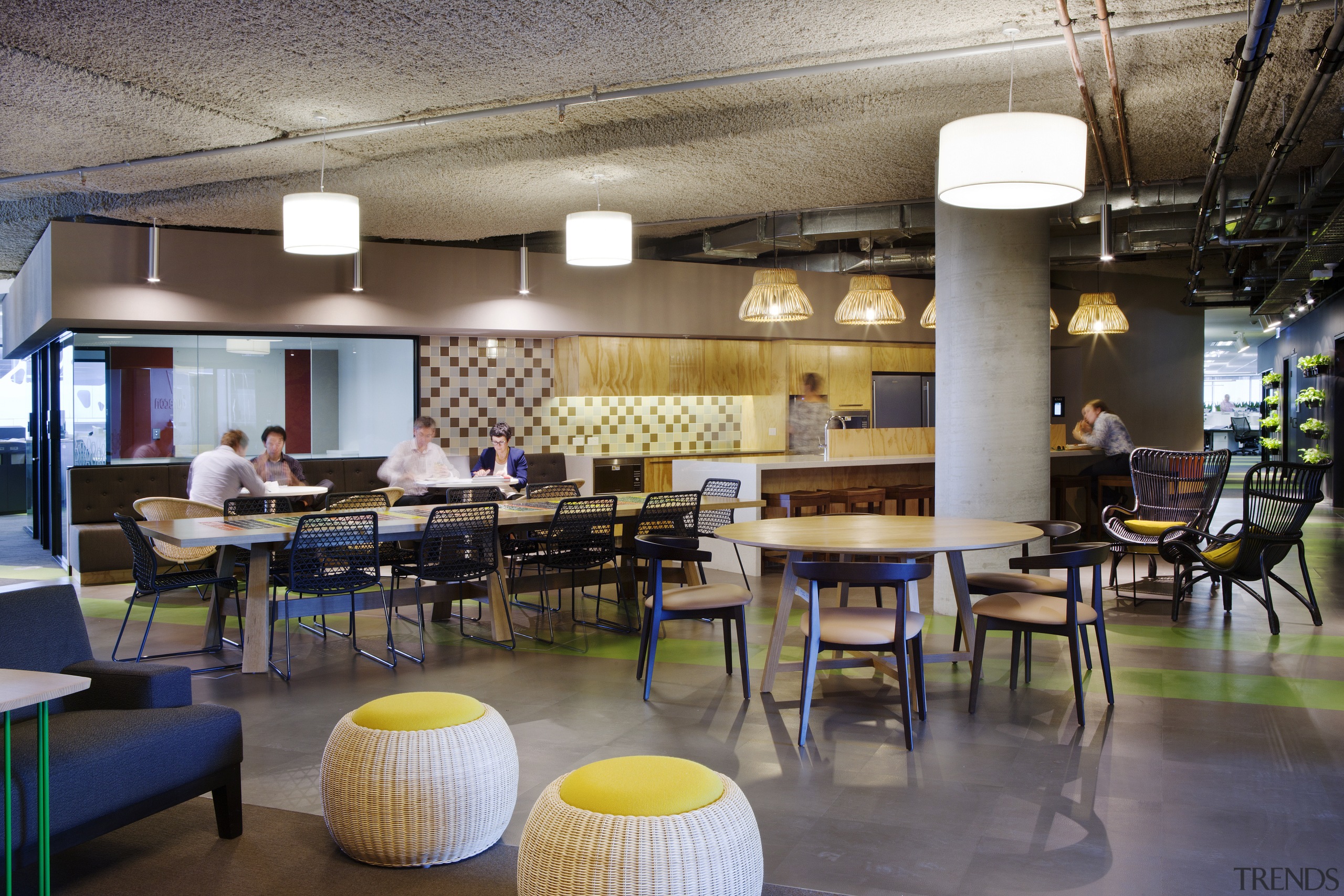 Some ceilings are stripped out to highlight Aurecons café, cafeteria, function hall, furniture, interior design, restaurant, table, gray