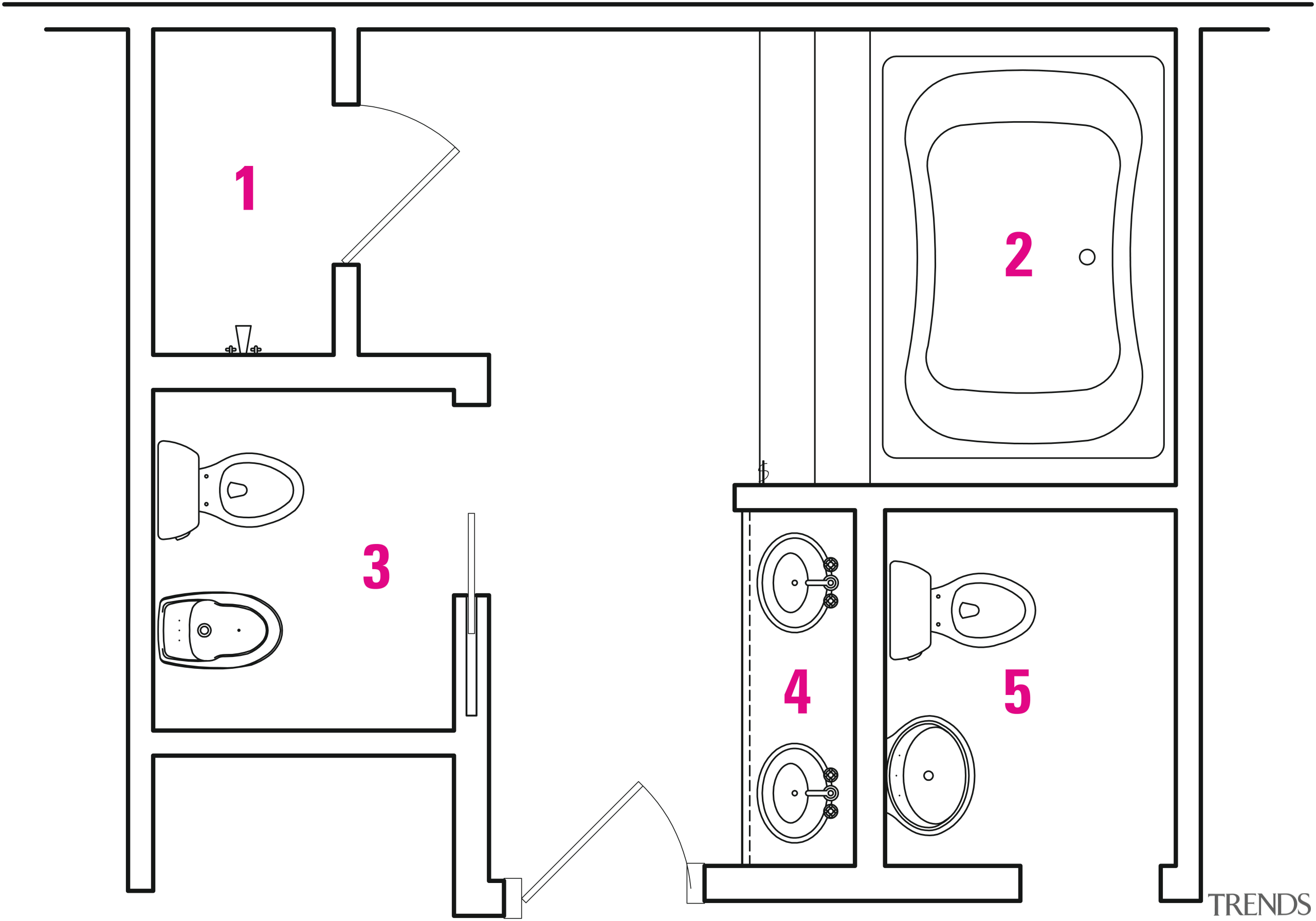 1 shower, 2 jacuzzi, 3 toilet and bidet, angle, area, design, diagram, drawing, font, furniture, line, pattern, product, product design, text, white, white