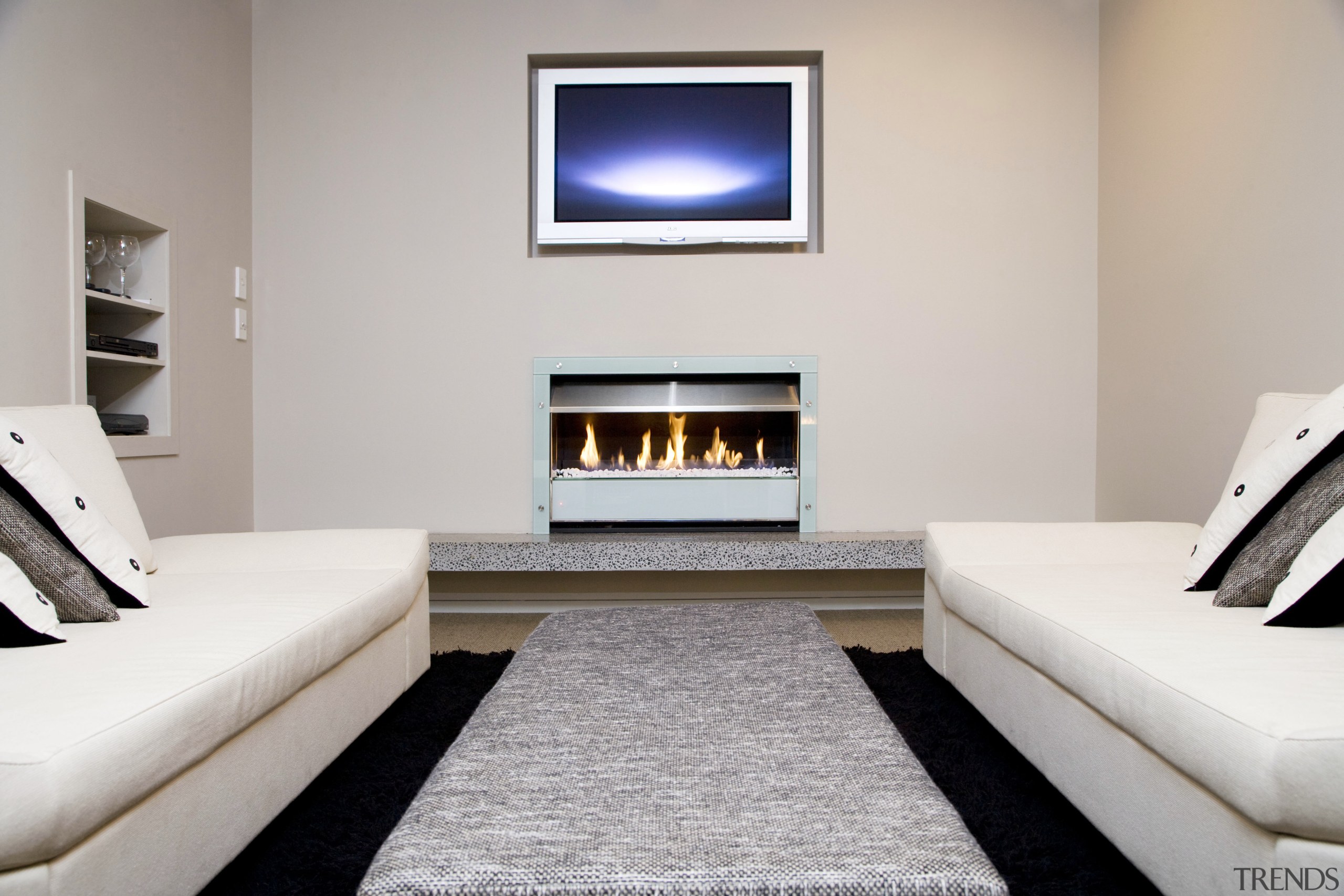 View of a lounge area which features the fireplace, hearth, interior design, living room, room, gray