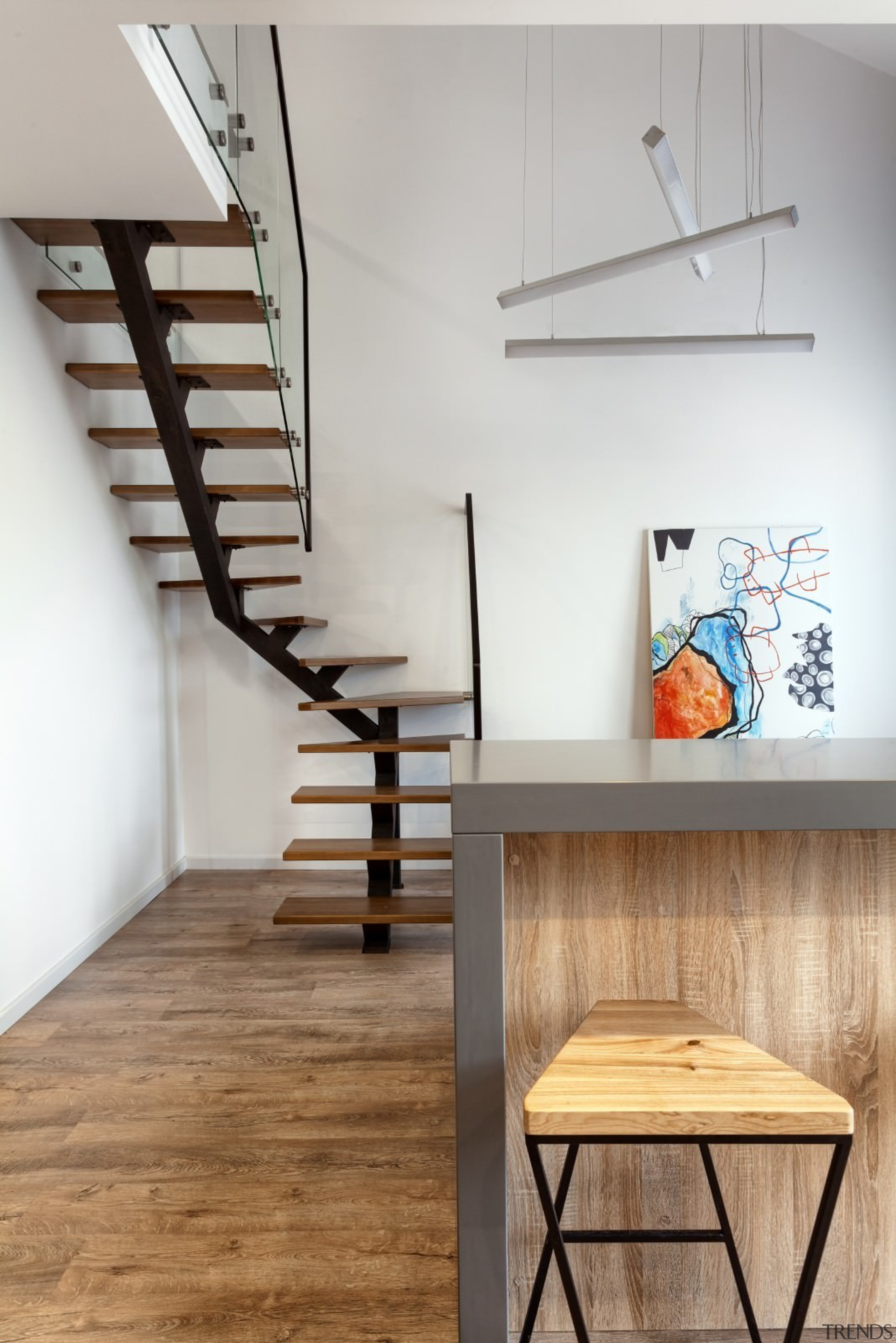 Architect: Martin ArchitectsPhotography by Alexander Kondrianenko chair, floor, furniture, interior design, loft, product design, shelf, stairs, table, wall, wood, gray, white