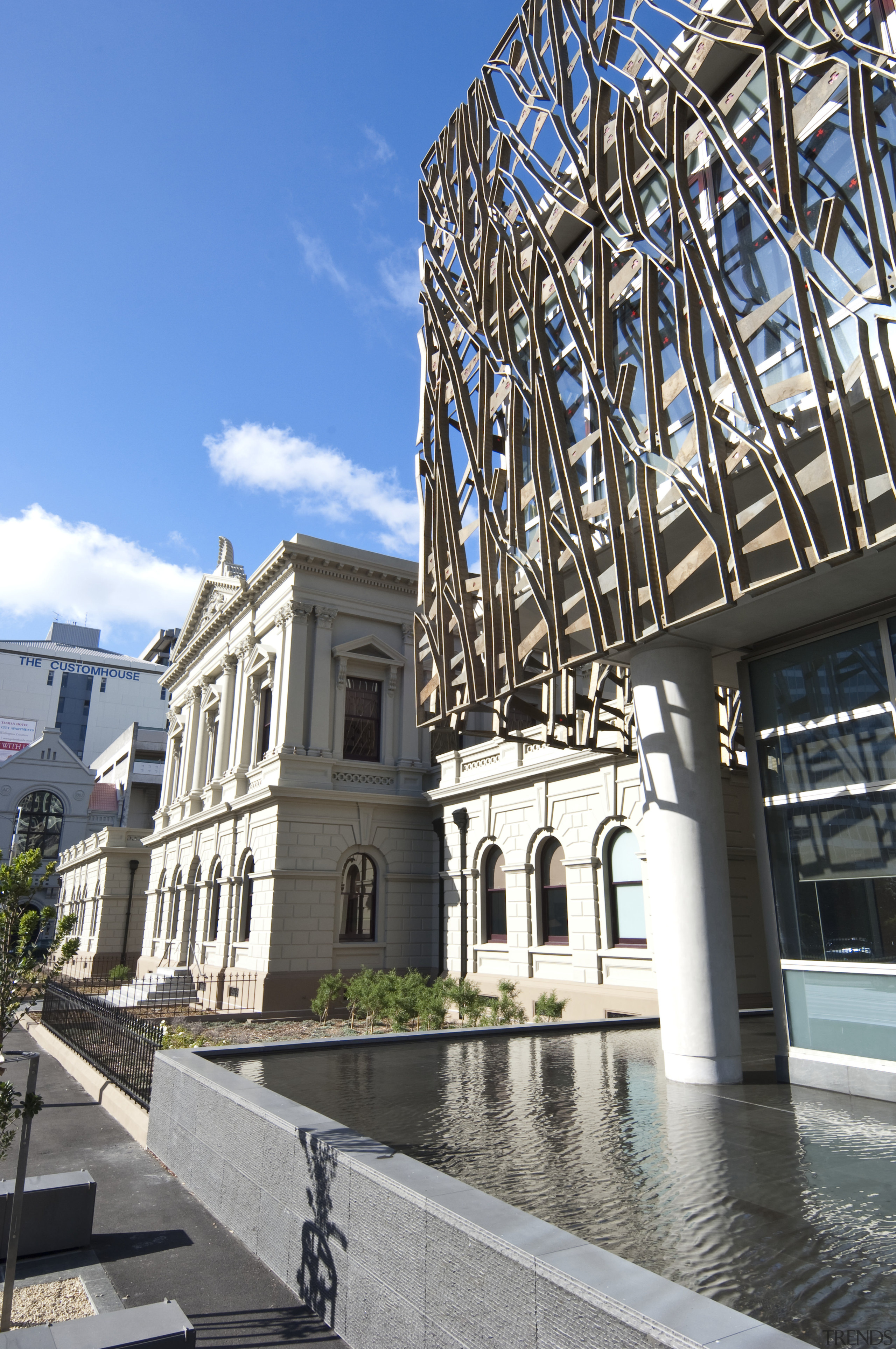 Supreme Court of New Zealand, Wellington - Supreme architecture, building, city, condominium, daytime, facade, landmark, mixed use, reflection, sky, structure, tourist attraction, water, window, black, gray