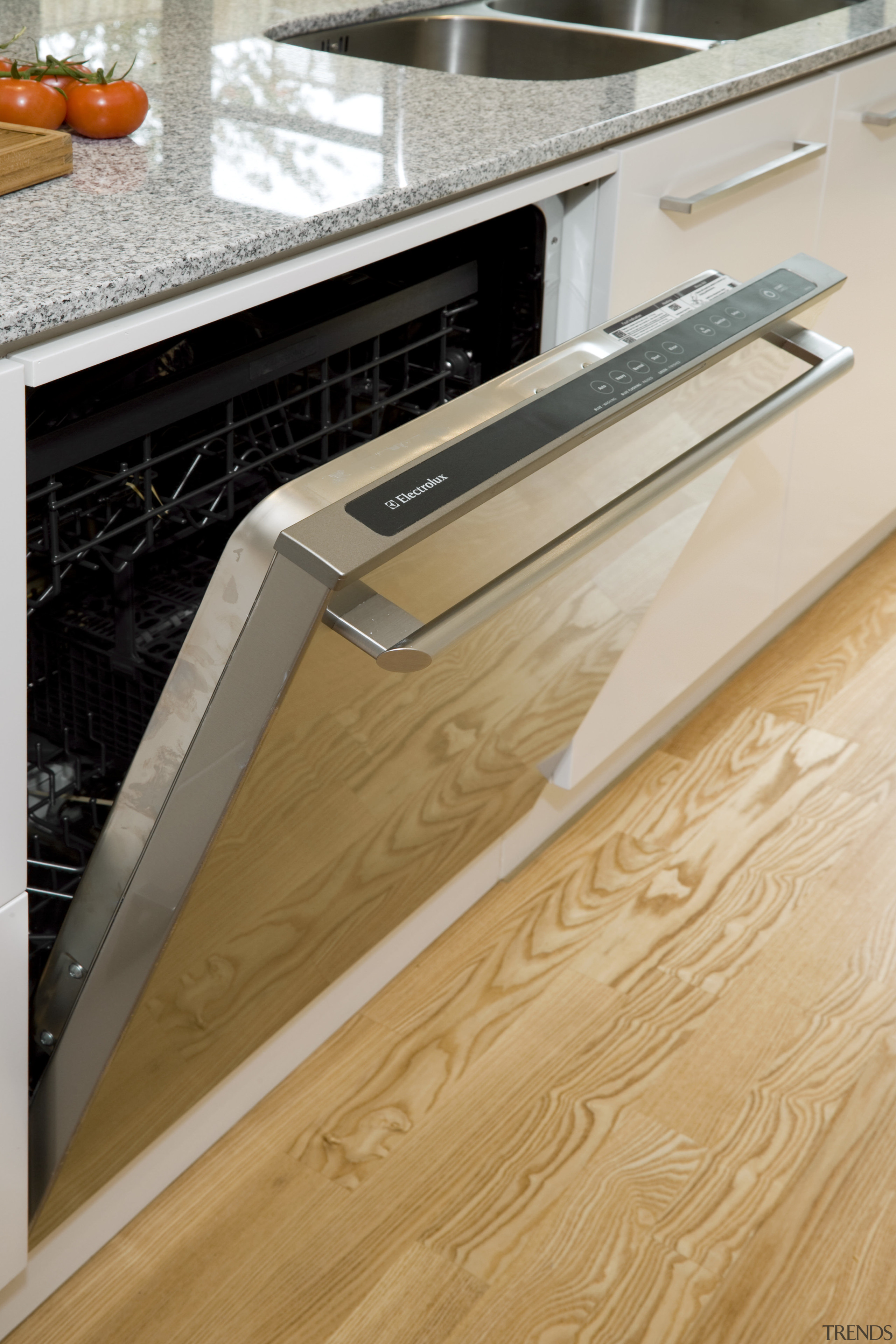 The E:Line dishwasher's controls are tucked safely out countertop, floor, flooring, hardwood, laminate flooring, product design, wood, gray, orange