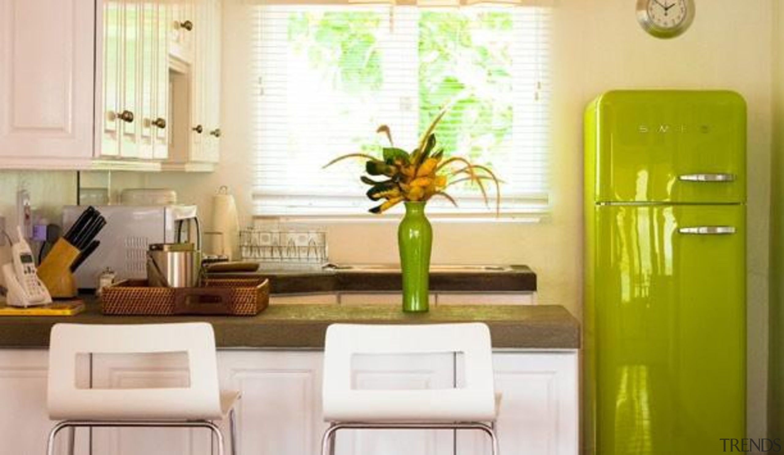 A beautiful kitchen with a Smeg Fab32 in home, interior design, kitchen, living room, room, table, yellow, white