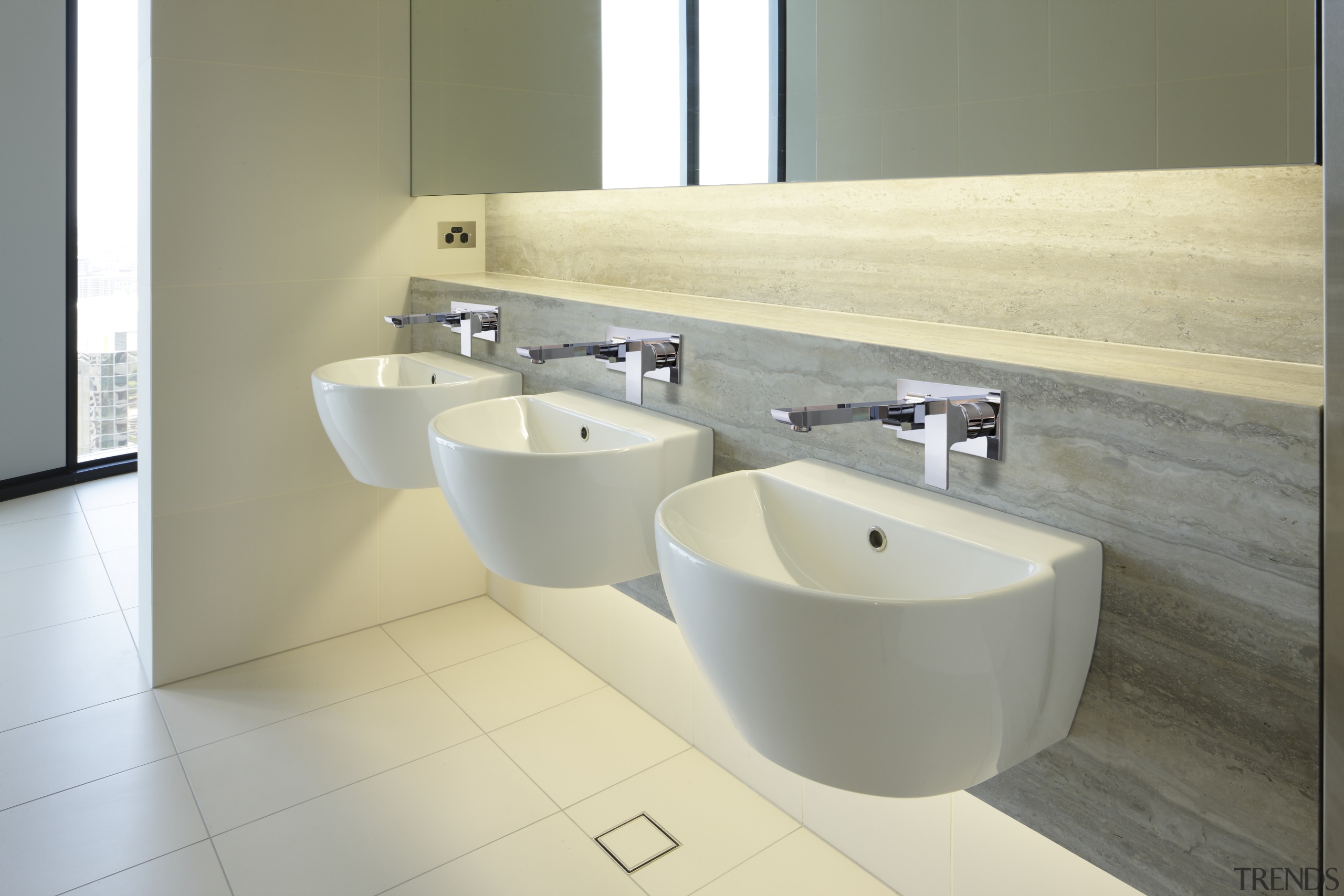 These contemporary products reflect the latest design and bathroom, bathroom sink, bidet, ceramic, floor, interior design, plumbing fixture, product design, sink, tap, tile, toilet seat, gray