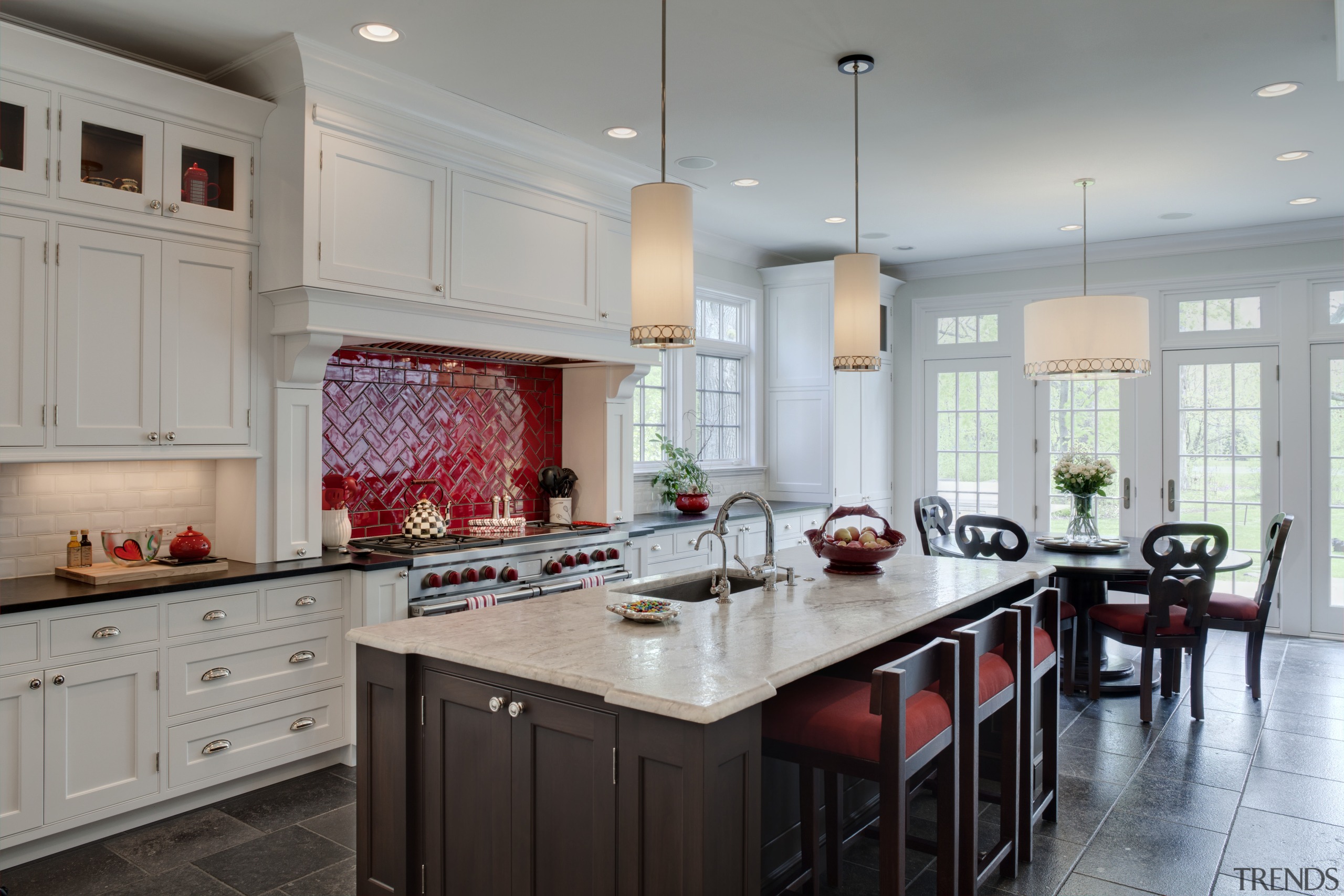 Arched openings. Red splash back. Limestone floors. White cabinetry, countertop, cuisine classique, interior design, kitchen, room, gray