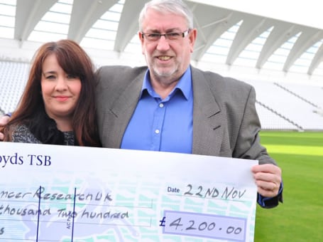 Eddie Hemmings presents the cheque to Cancer Research UK Area Manager Andrea Day at Trent Bridge