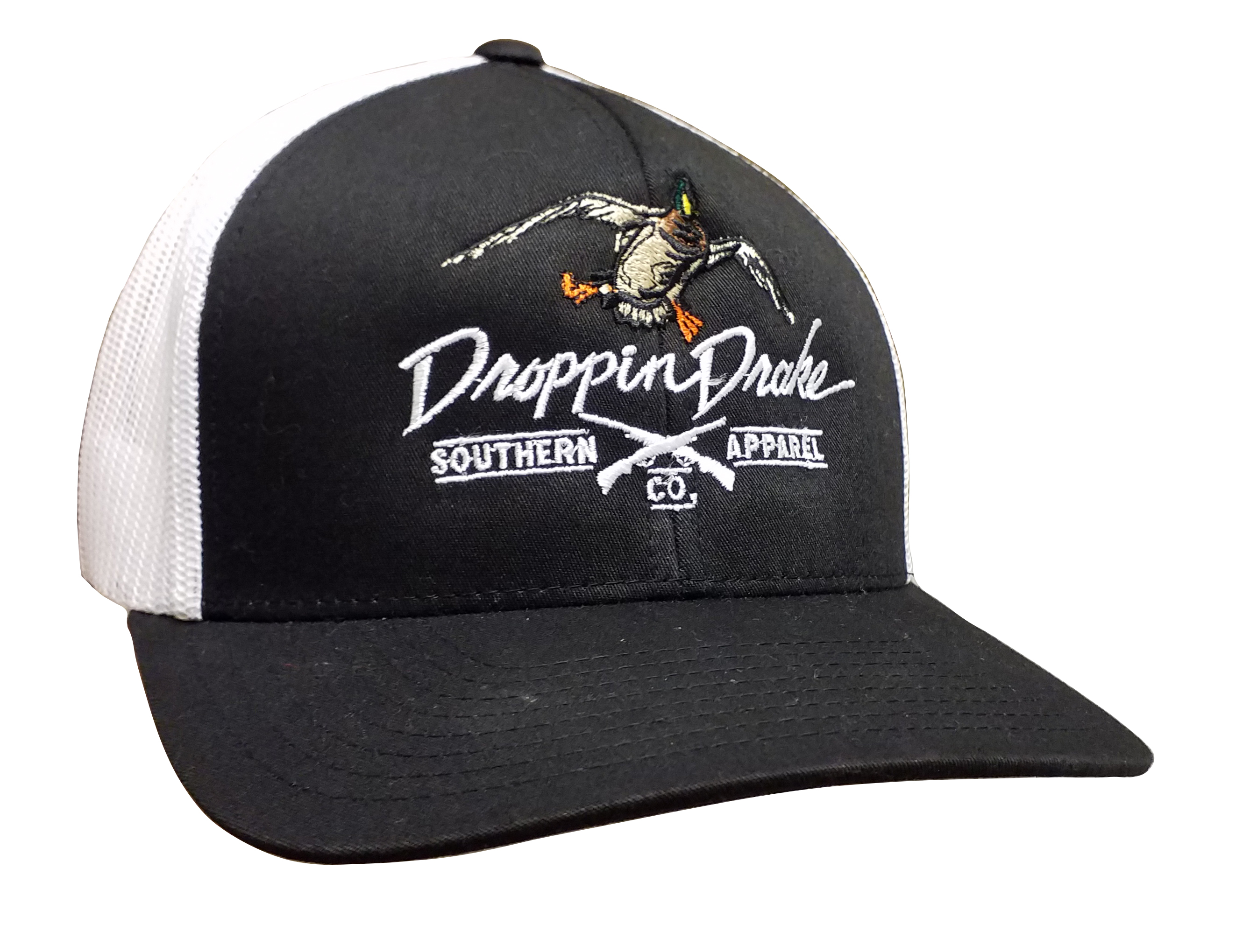 Droppin Drake Mallard Duck And Gun X Logo Mesh Back Trucker Hat-Navy White