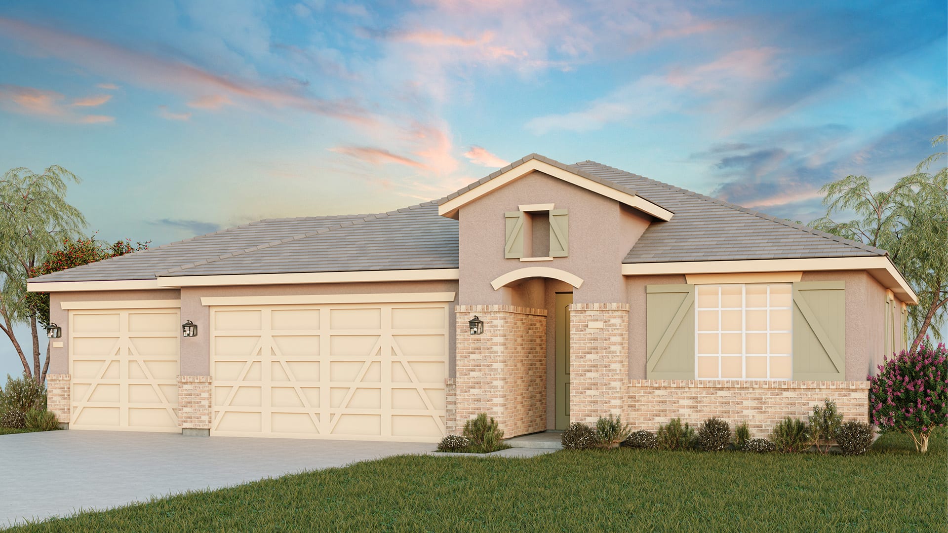 Single-story home with sage green shutters and brick accents.