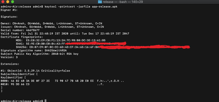 How we can check SHA1 or Signature of APK and Keystore file