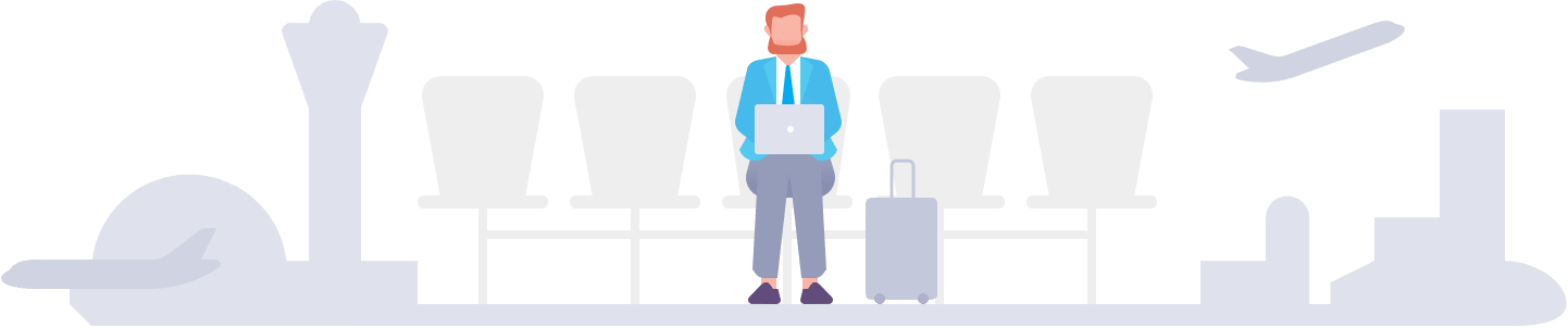 illustration of a man sitting at an airport with a laptop and suitcase