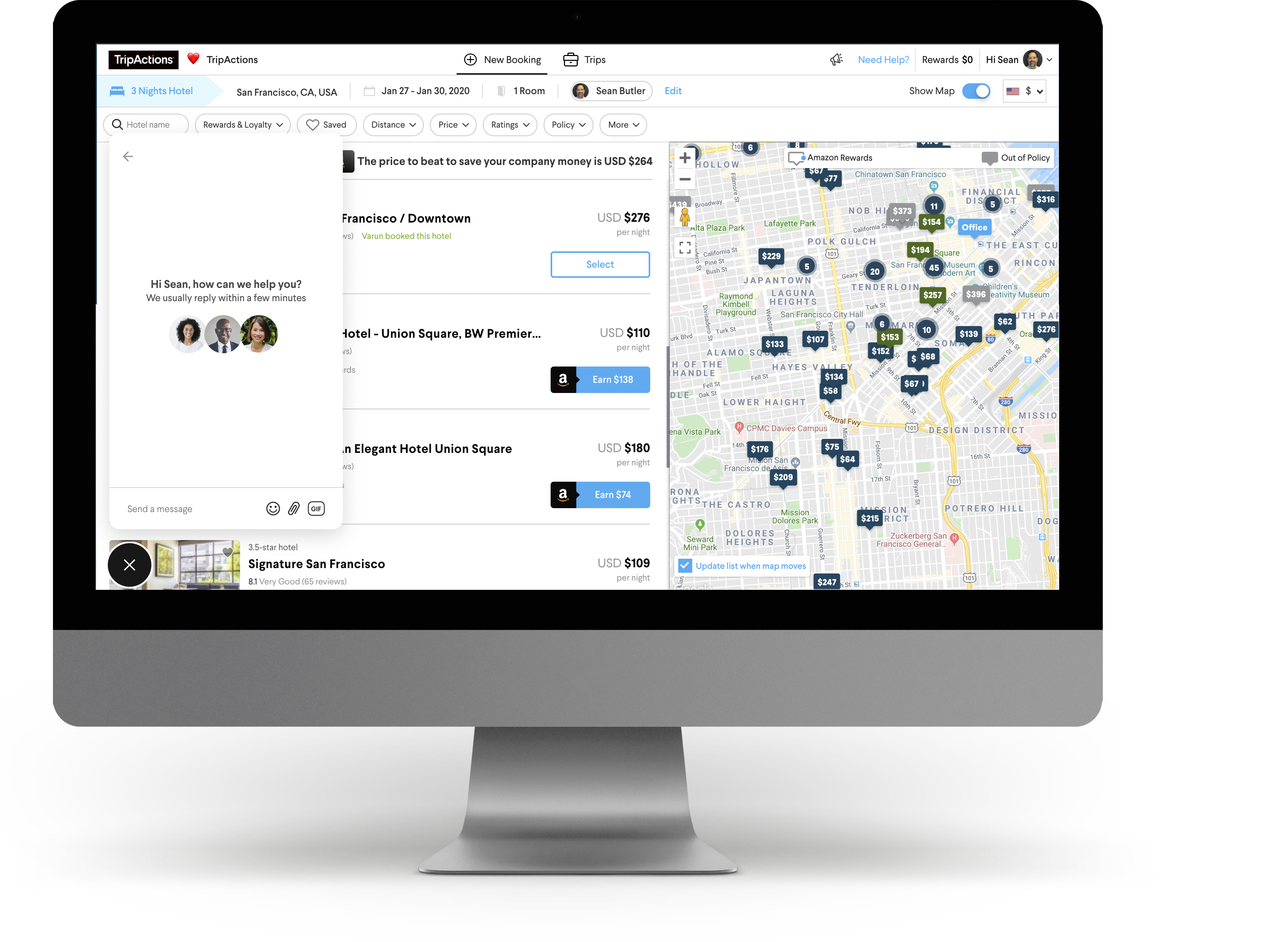 TripActions hotel search and 24/7 traveler support