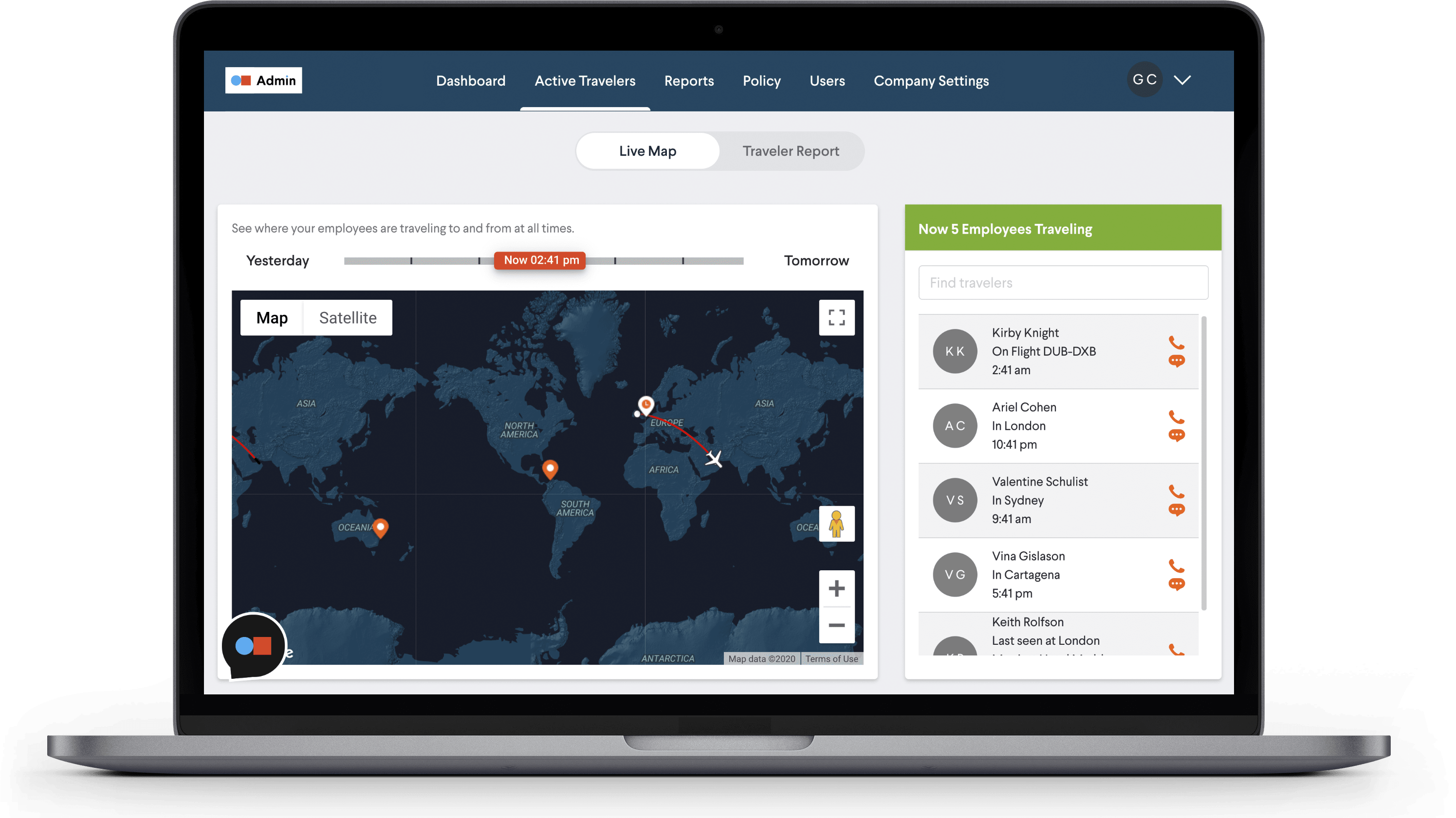 TripActions Product Screenshot - Admin live traveler map