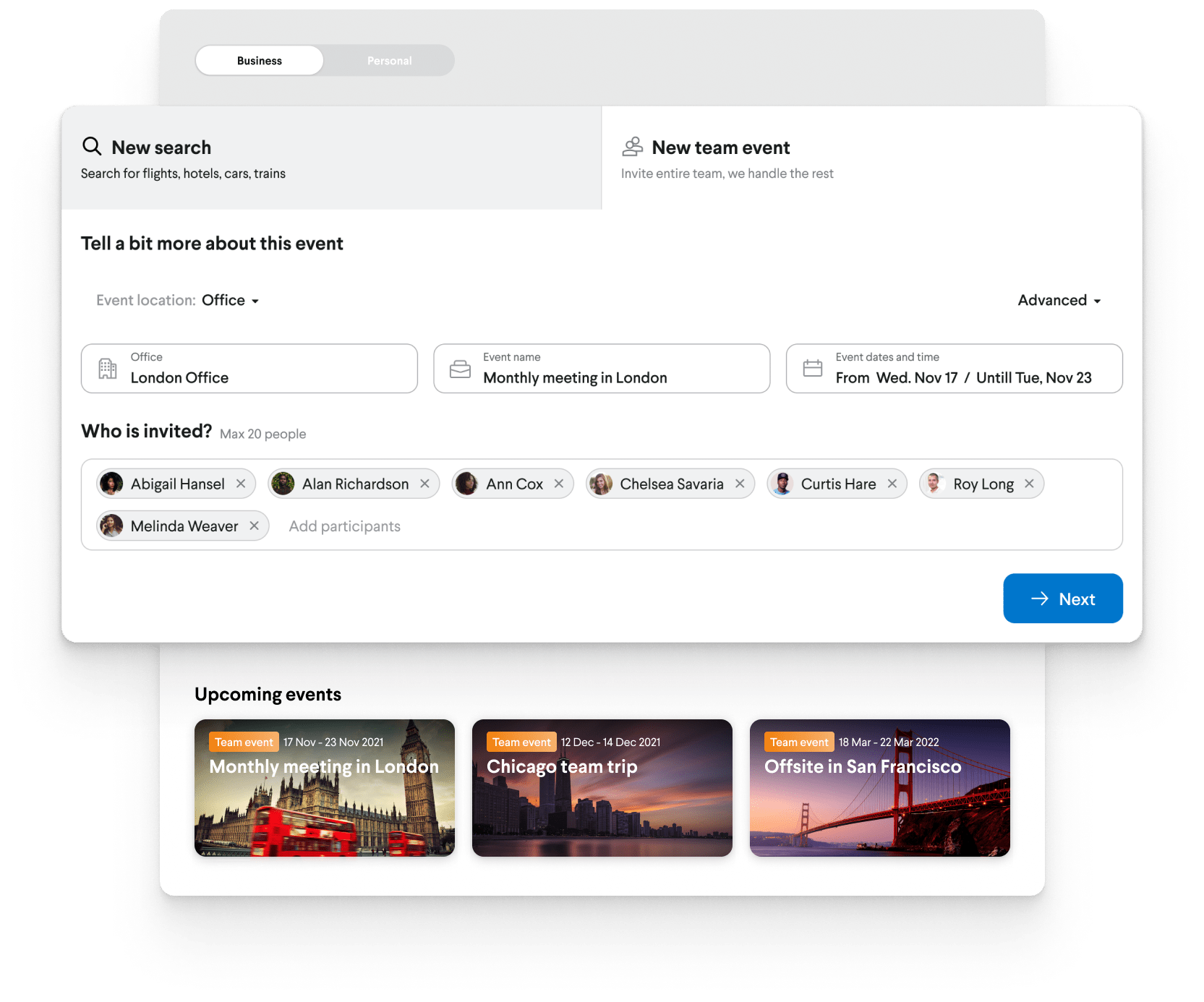 Users can request room blocks directly from Team Travel. Additional support is available from the tool or via the Meetings & Events team.