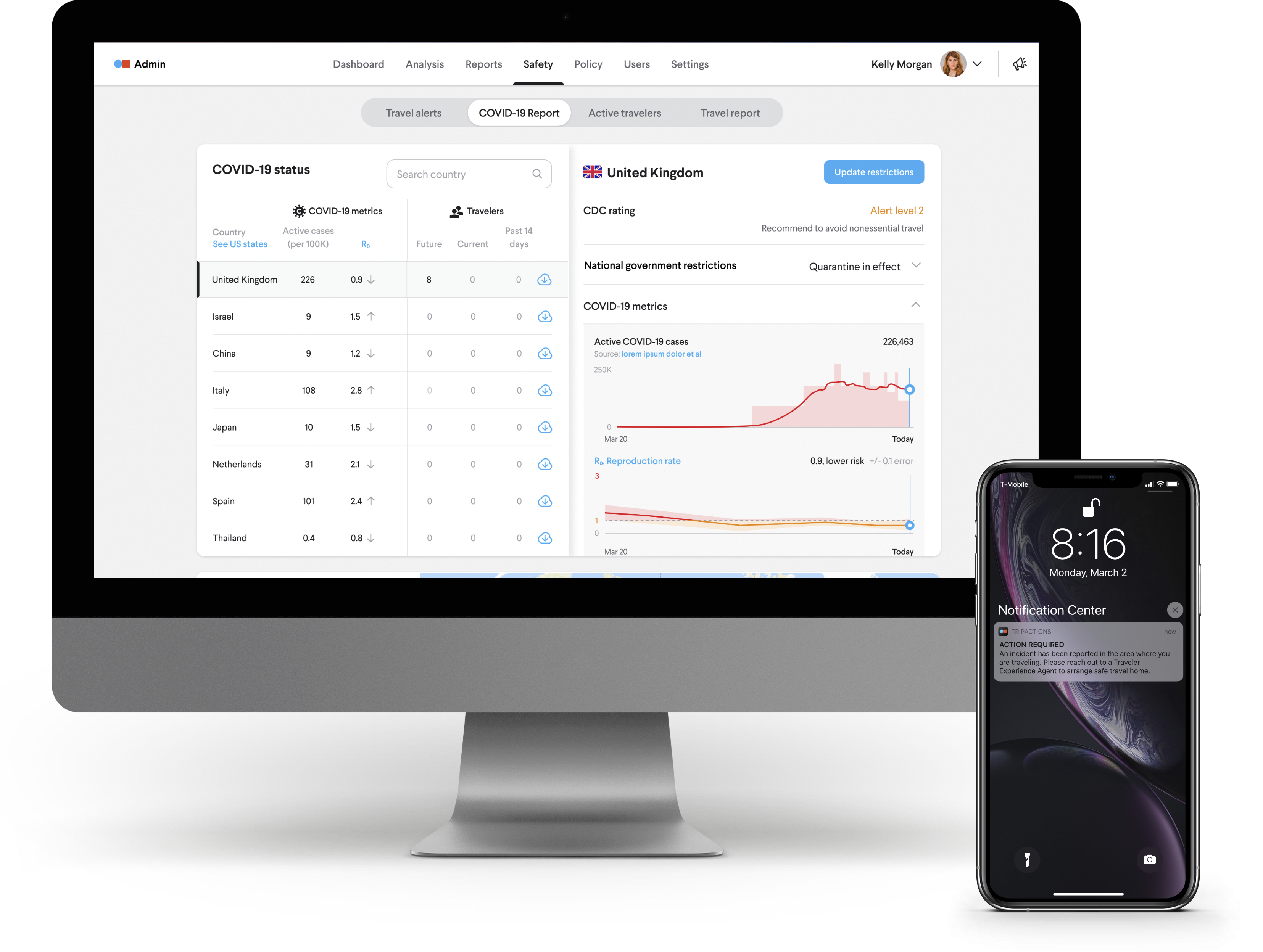 TripActions Duty of Care - The TripActions product application provides real-time travel alerts