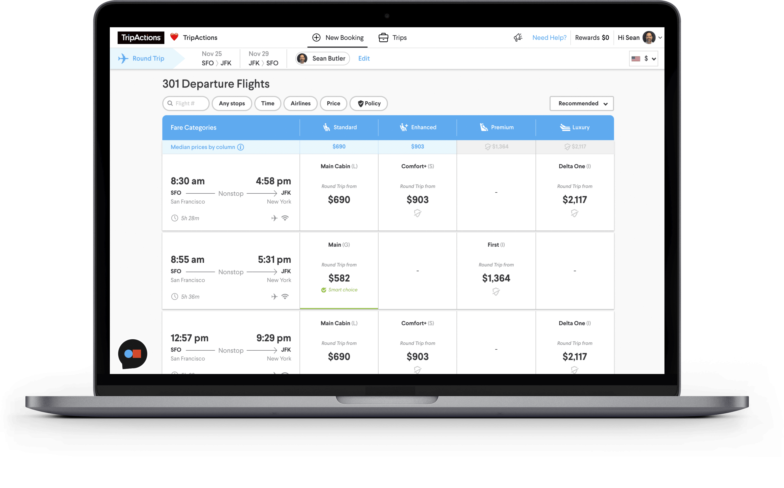TripActions Product Screenshot - Flight search results