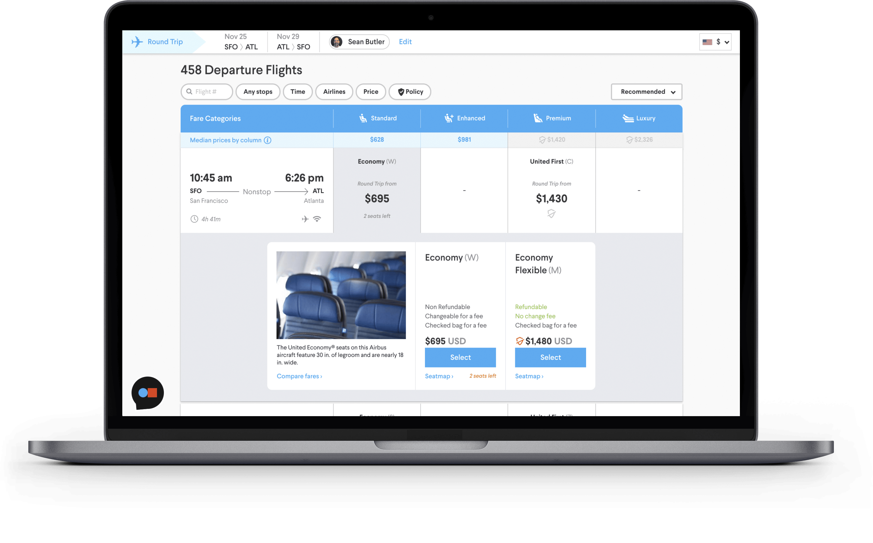 Travel Policy Product Screenshot - Flight fare categories