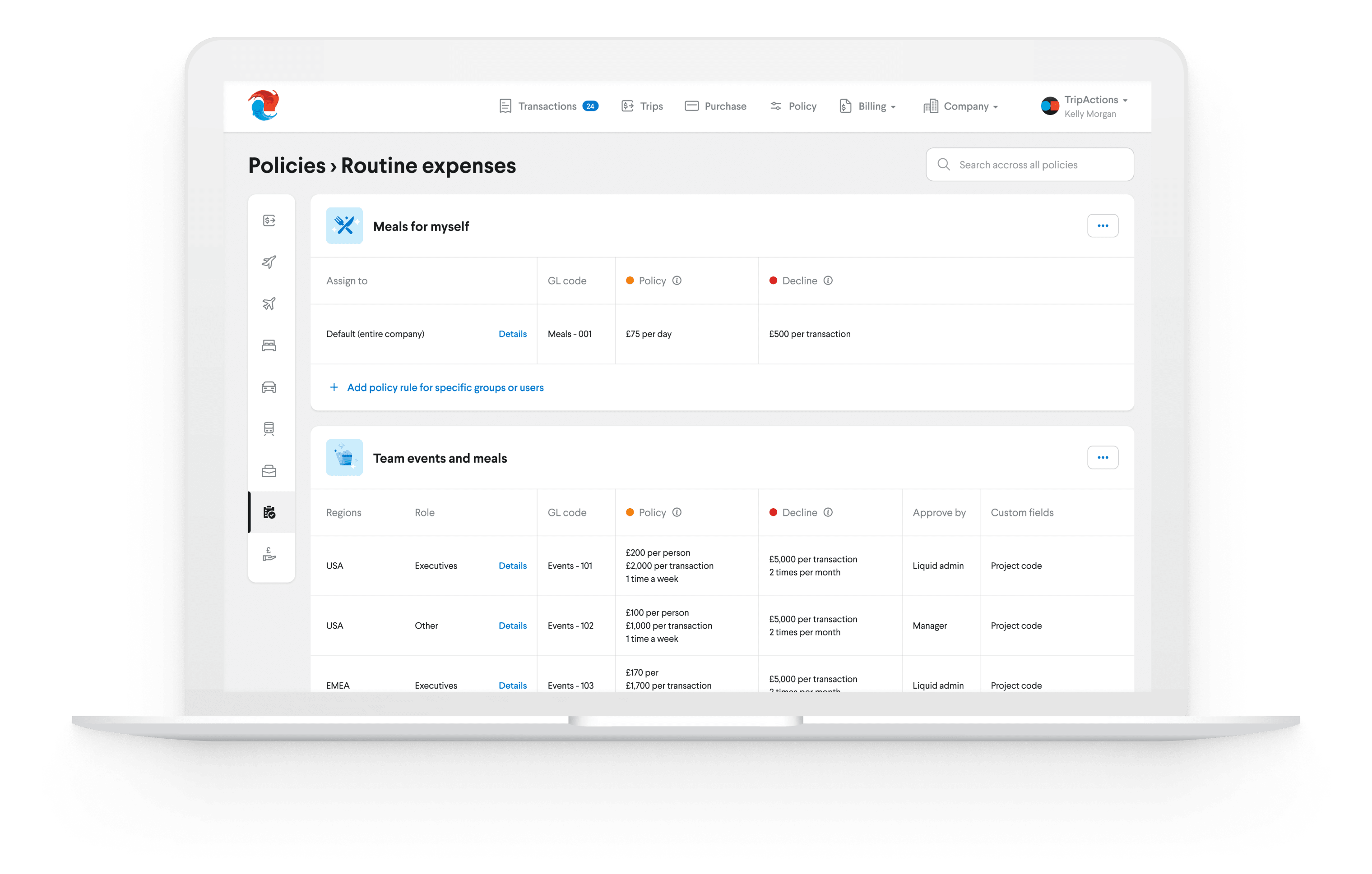 Screenshot showing TripActions’ Policy tool and customisation options.