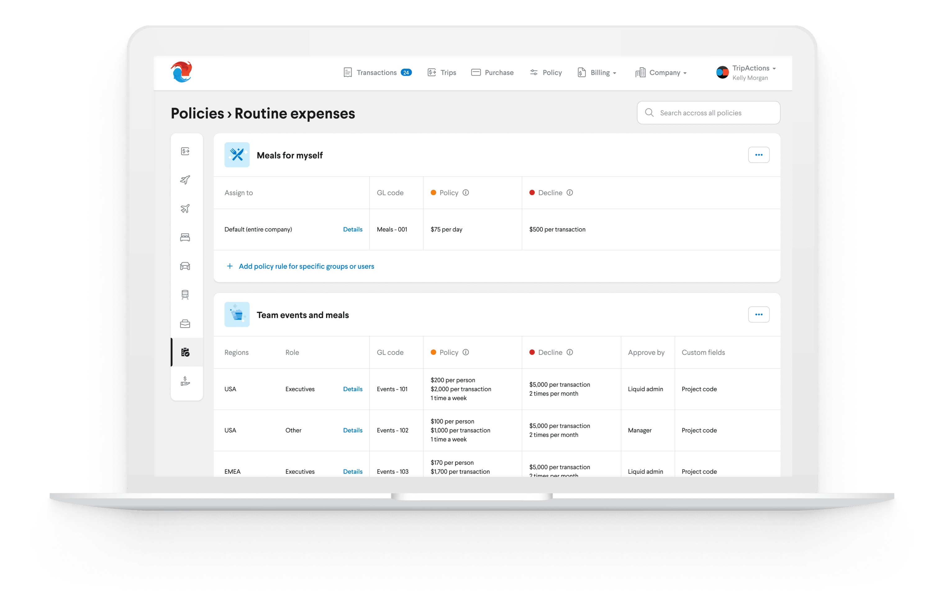 Screenshot showing TripActions’ Policy tool and customization options.