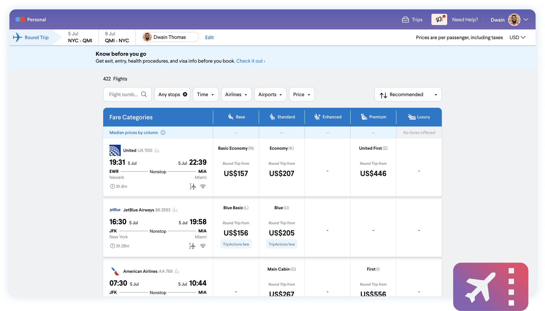 Screenshot of the TripActions booking tool showing flight listings with personalized preferences.