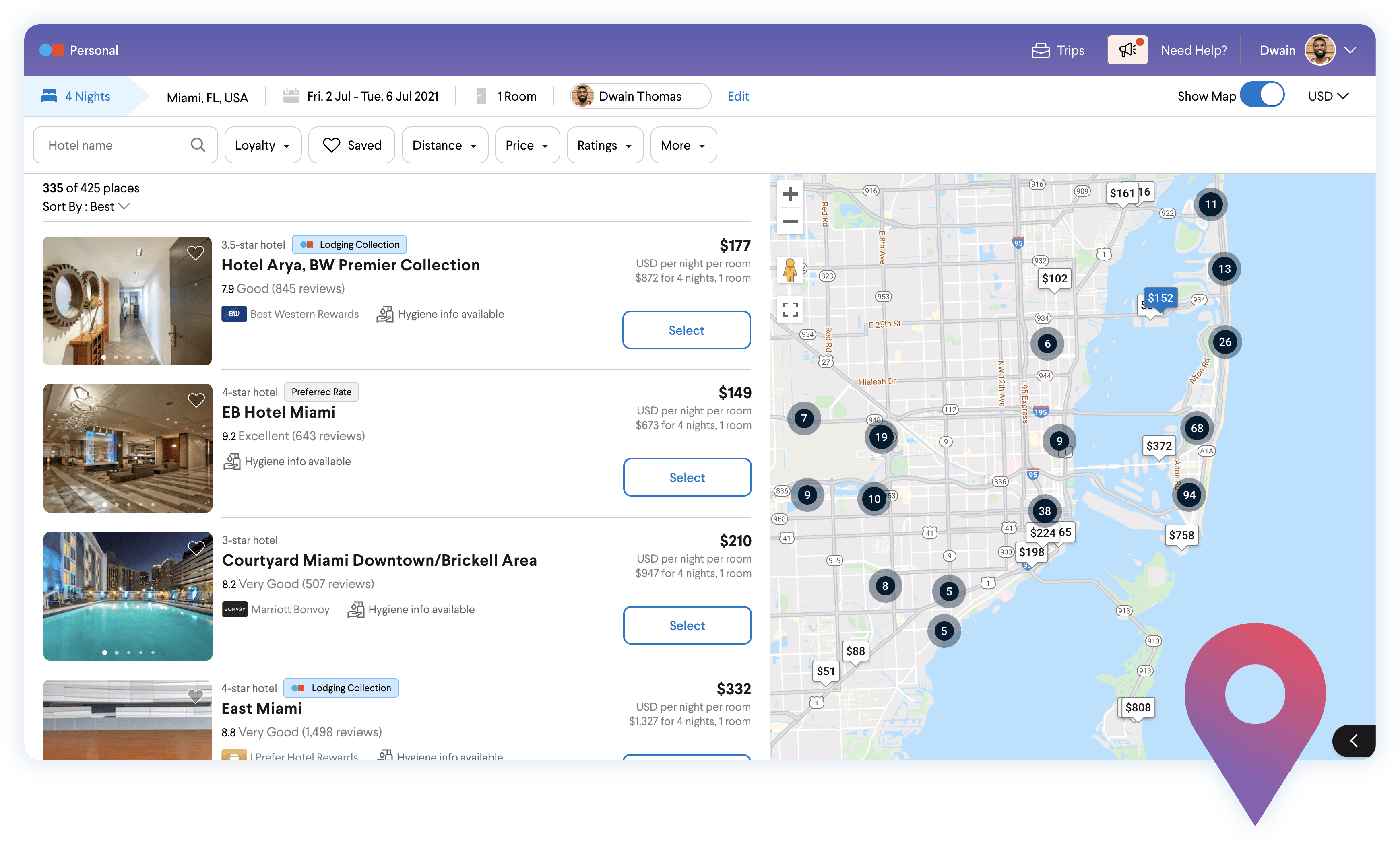Screenshot of the TripActions hotel search that shows hotel listings marked with preferred rates.
