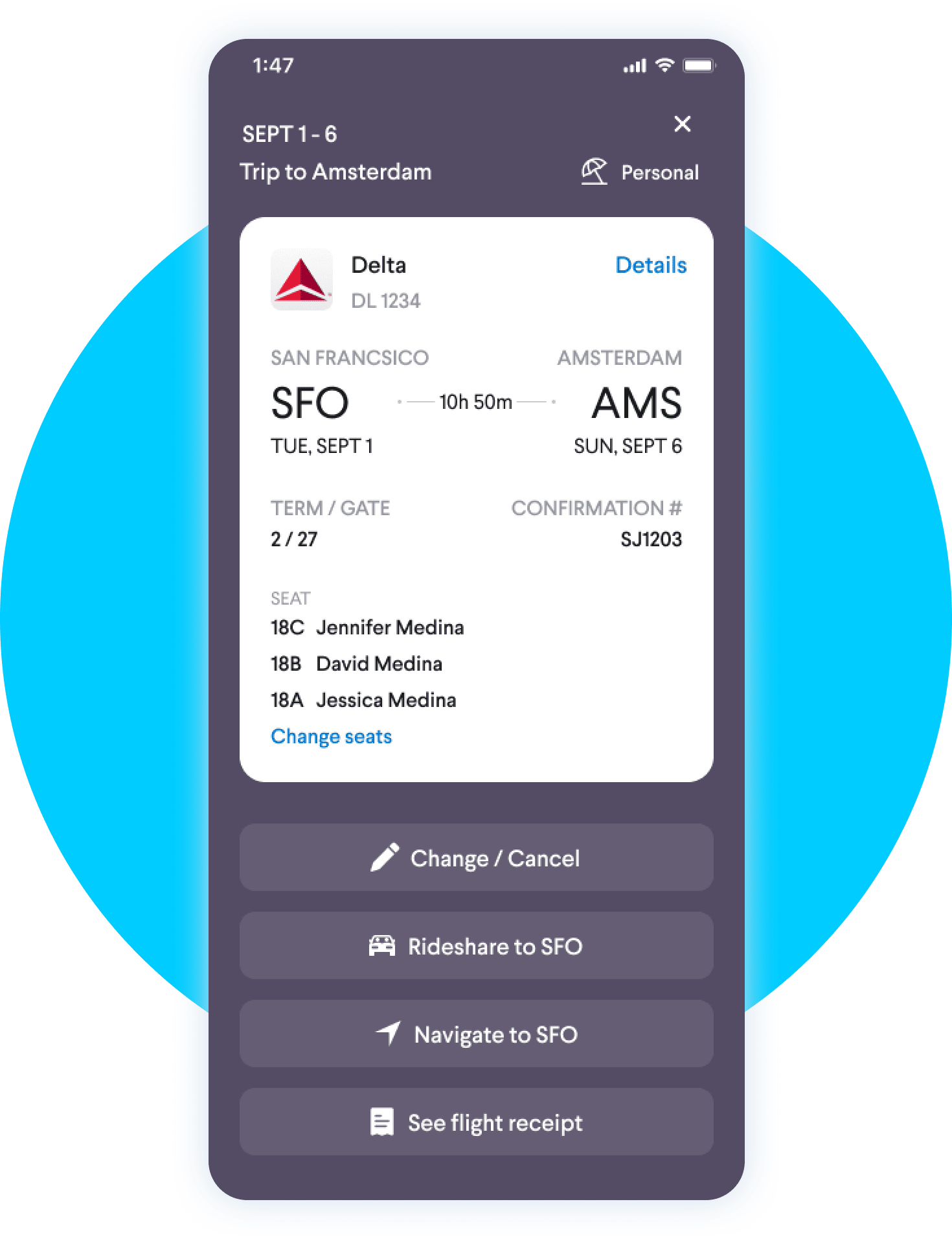 Screenshot of the TripActions digital trip itinerary in a mobile device.