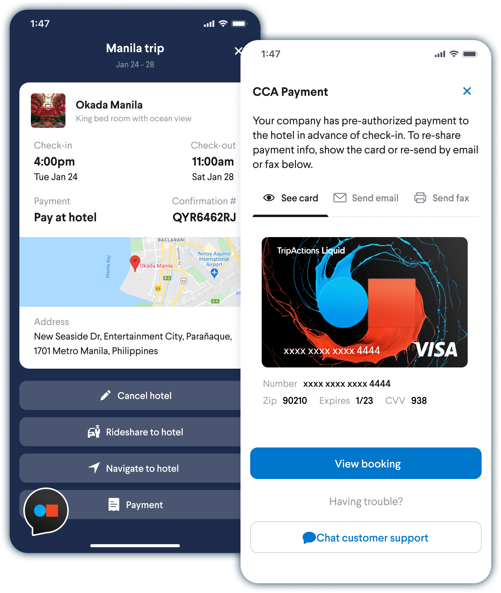 Example of automated CCA authorization form that is sent to pay-later hotels for virtual card payments