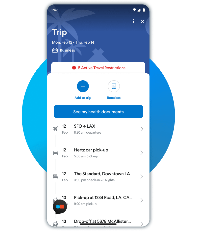 Example of COVID-19 alerts travelers can receive showing the latest COVID-19 travel information impacting their trip, destination, testing and more.