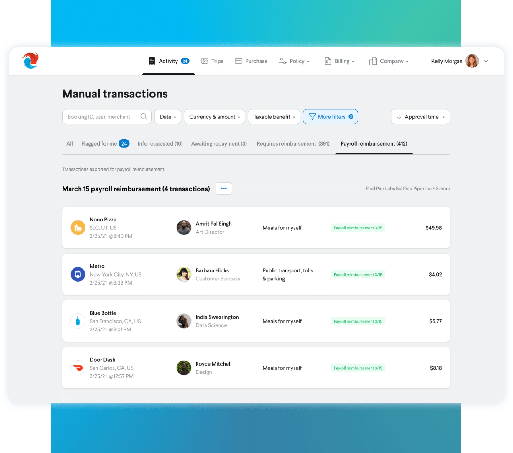 Feature that provides admins and users visibility into manual transactions reimbursement via payroll