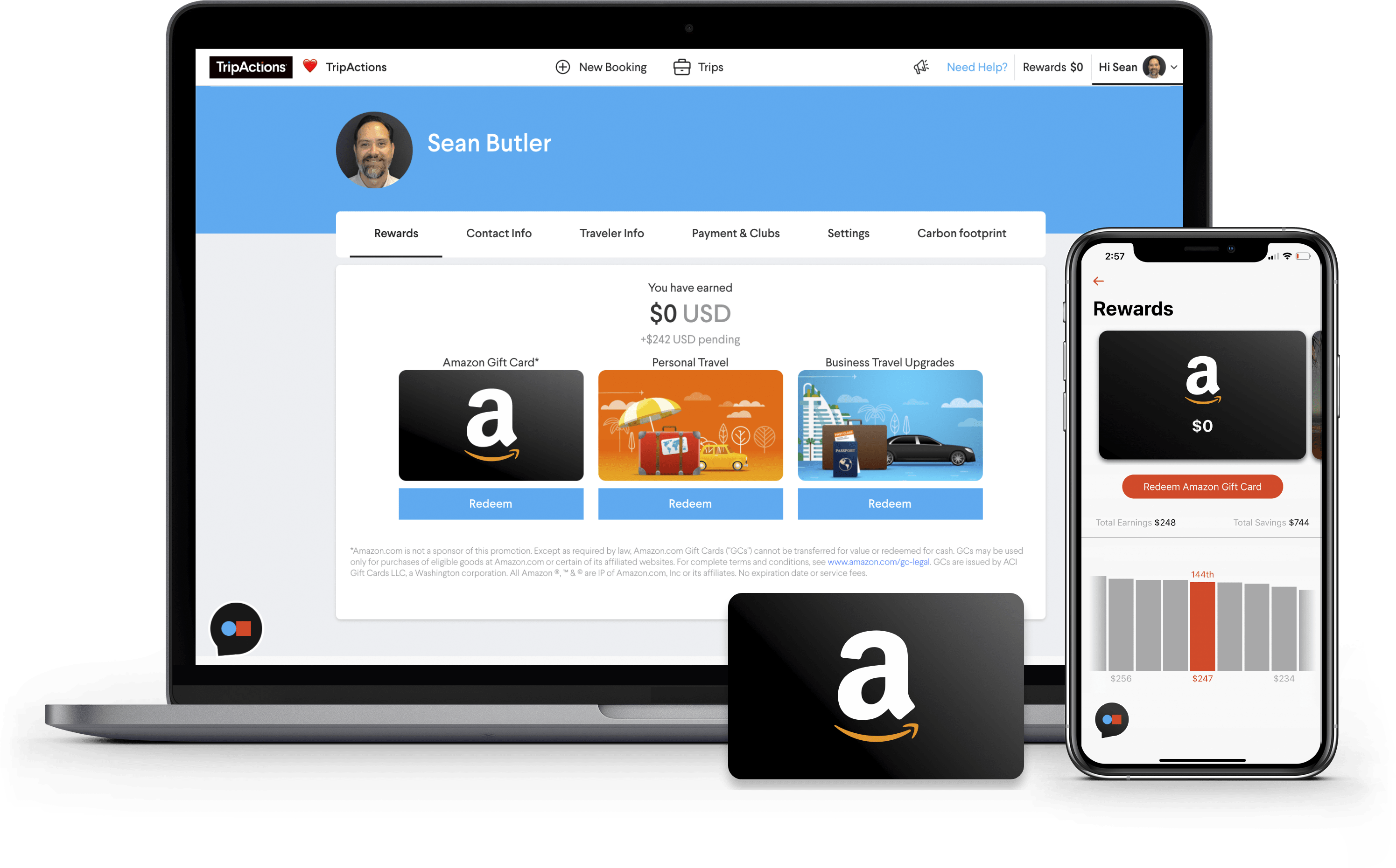 TripActions Product Screenshot - Earn traveler loyalty points and rewards
