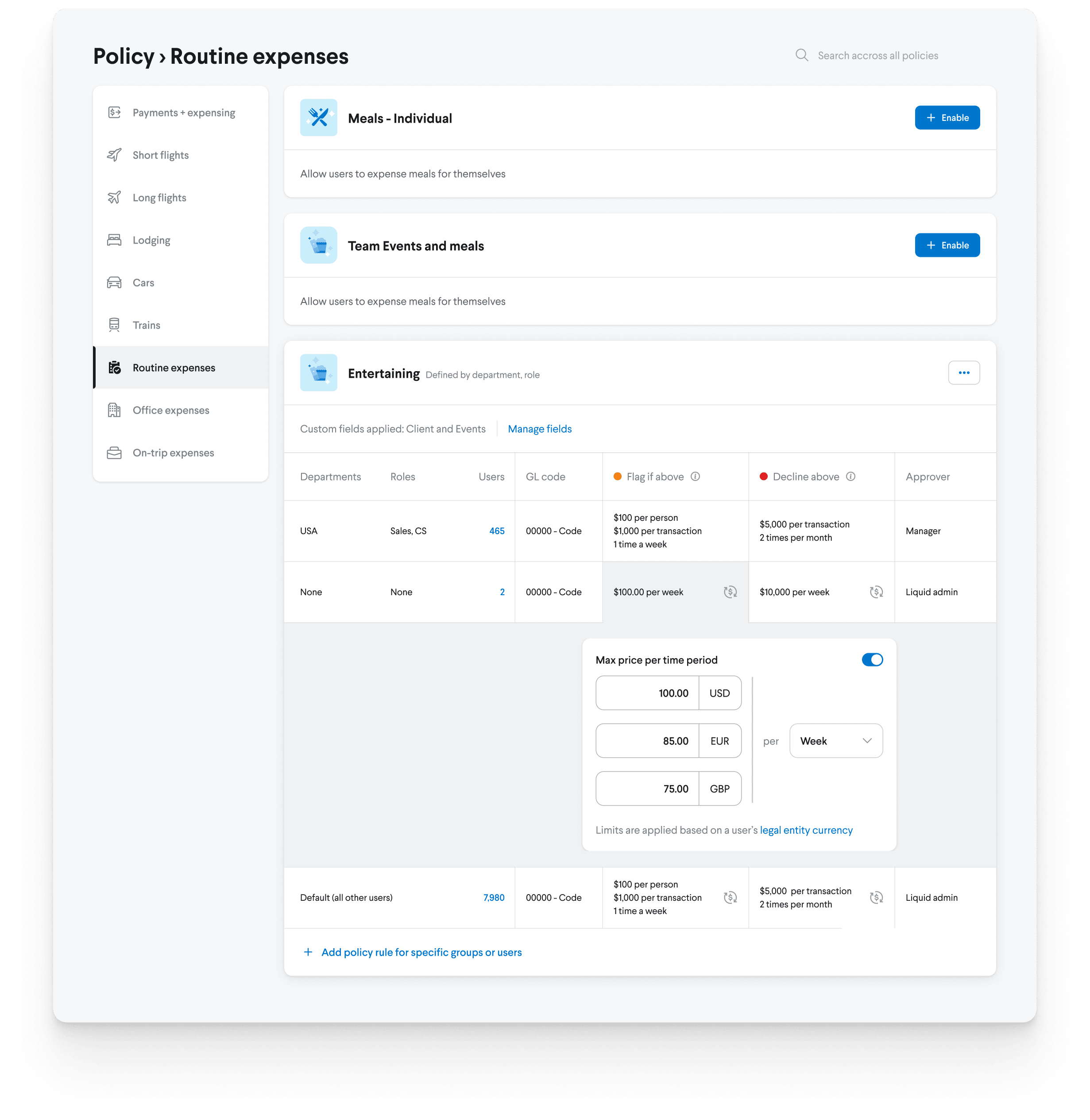 TripActions Product Screenshot - Clear on-screen explanations guide the setup of sophisticated travel policies