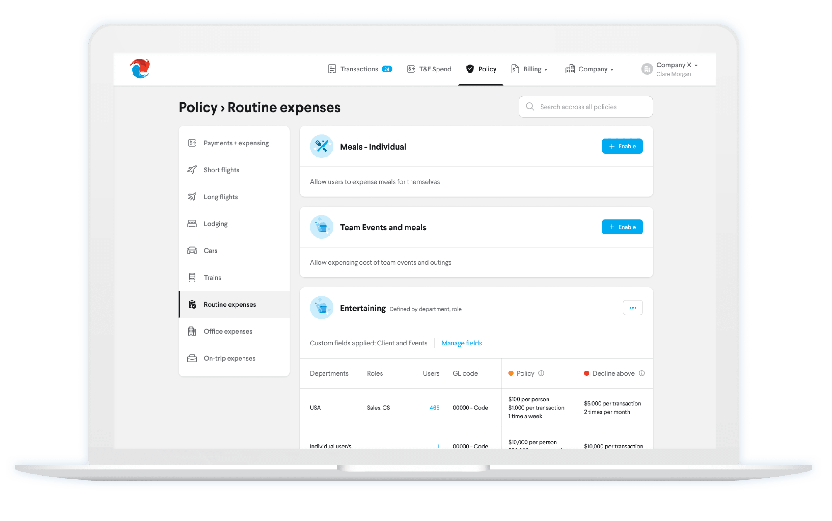 Screenshot showing TripActions’ Policy tool and customization options.