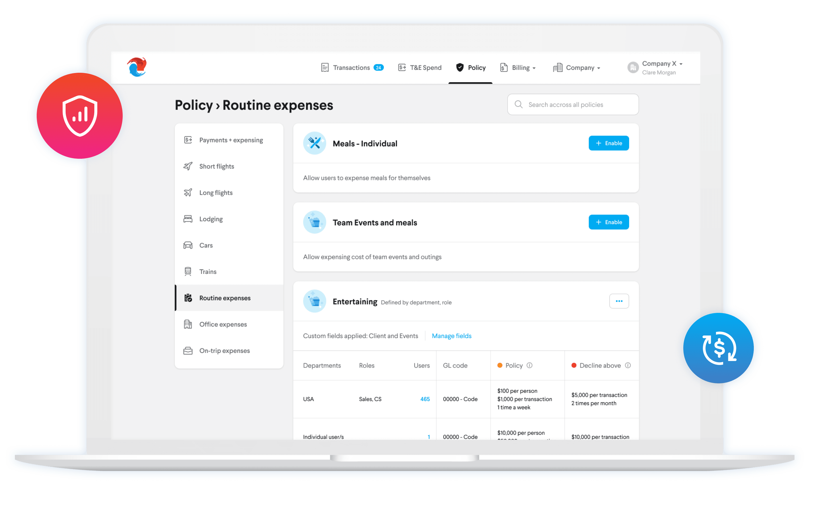 Screenshot showing TripActions’ Policy tool and customization options.
