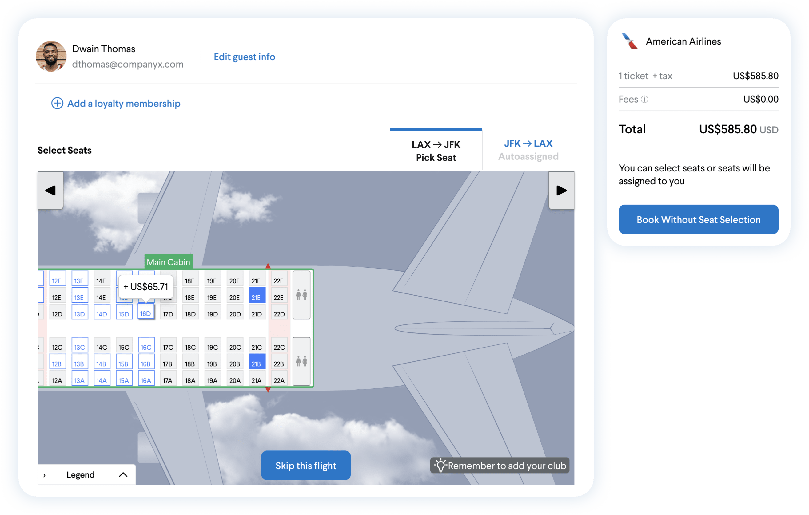 Image of seat map with paid seat options, which will automatically get available soft dollars applied at time of booking.