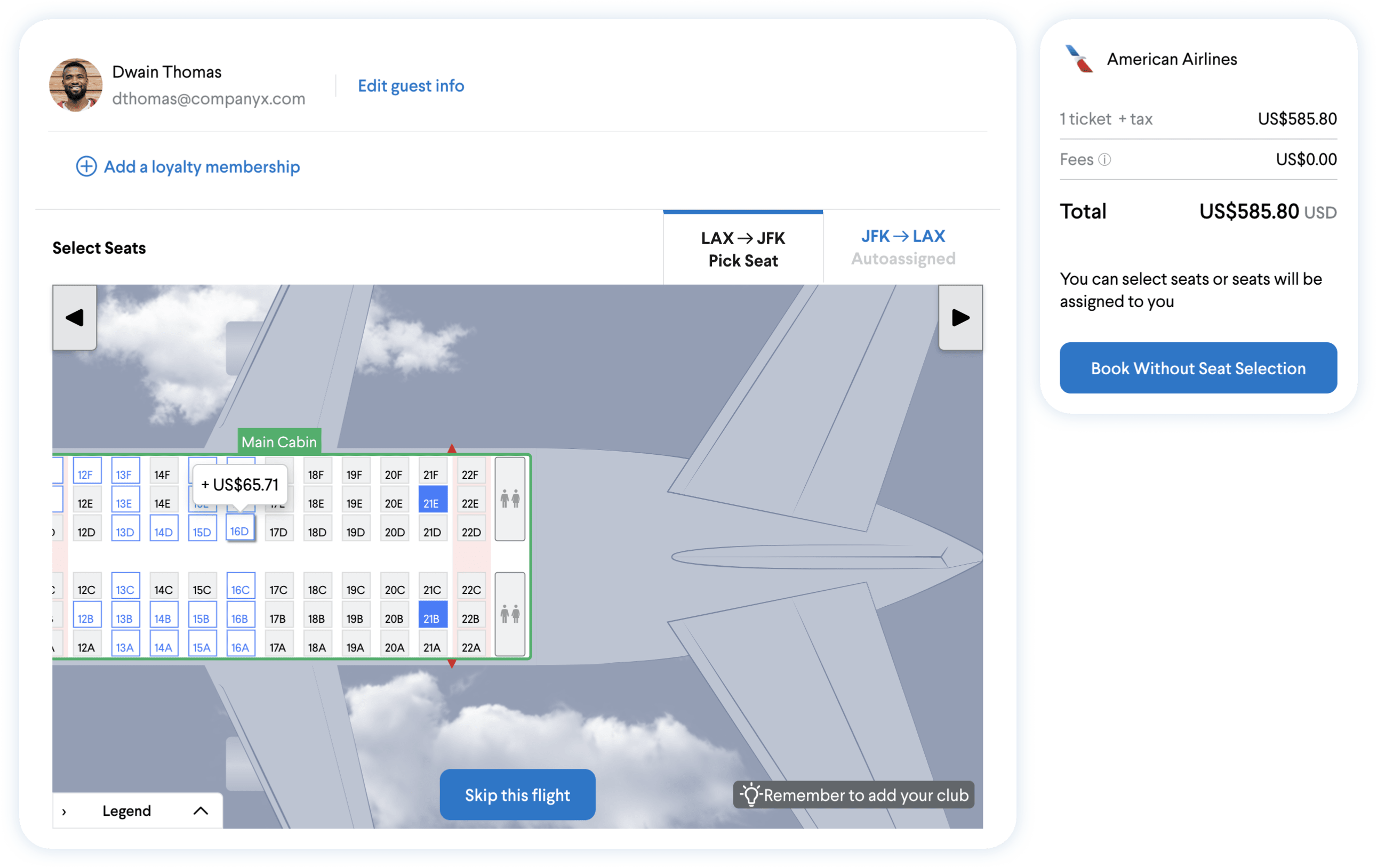 Image of airline seat maps, which can be automatically paid for (along with change fees) using soft dollar funds